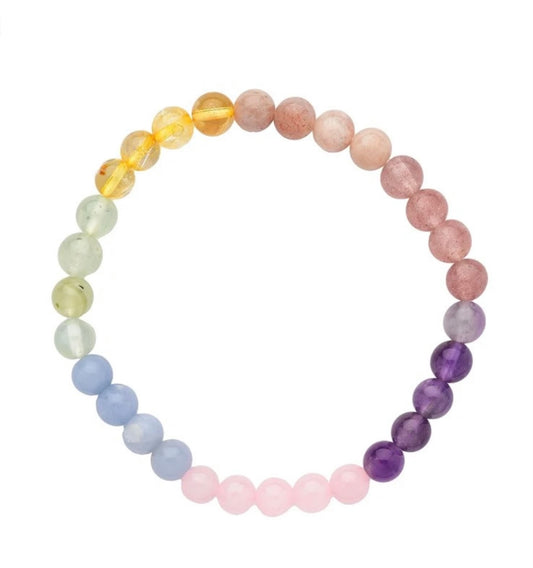 A multicolored chakra bead bracelet with a variety of gemstone beads including pastel colors and semi-precious stones.