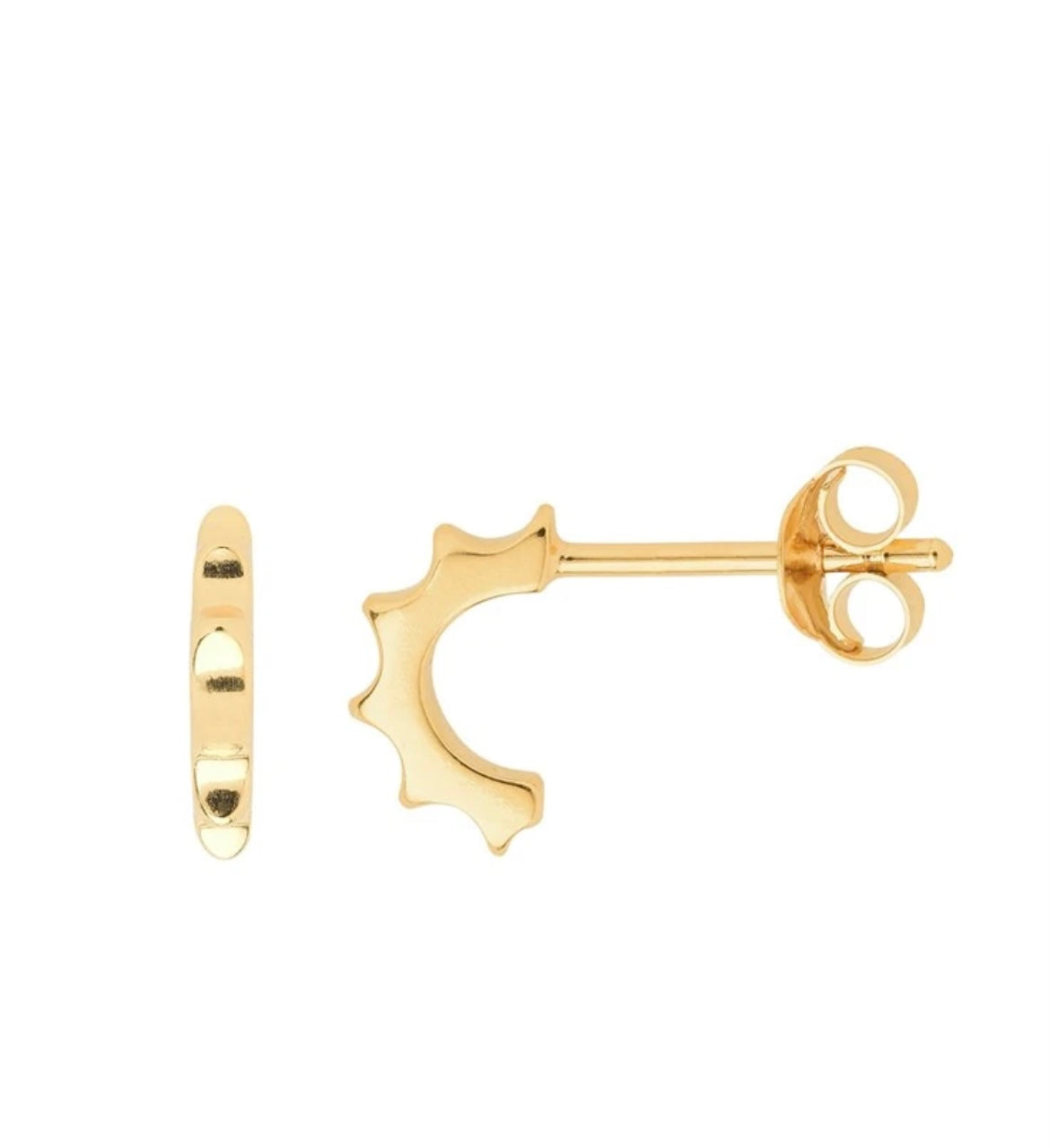 A pair of gold-colored crescent half huggie hoop earrings with a textured surface