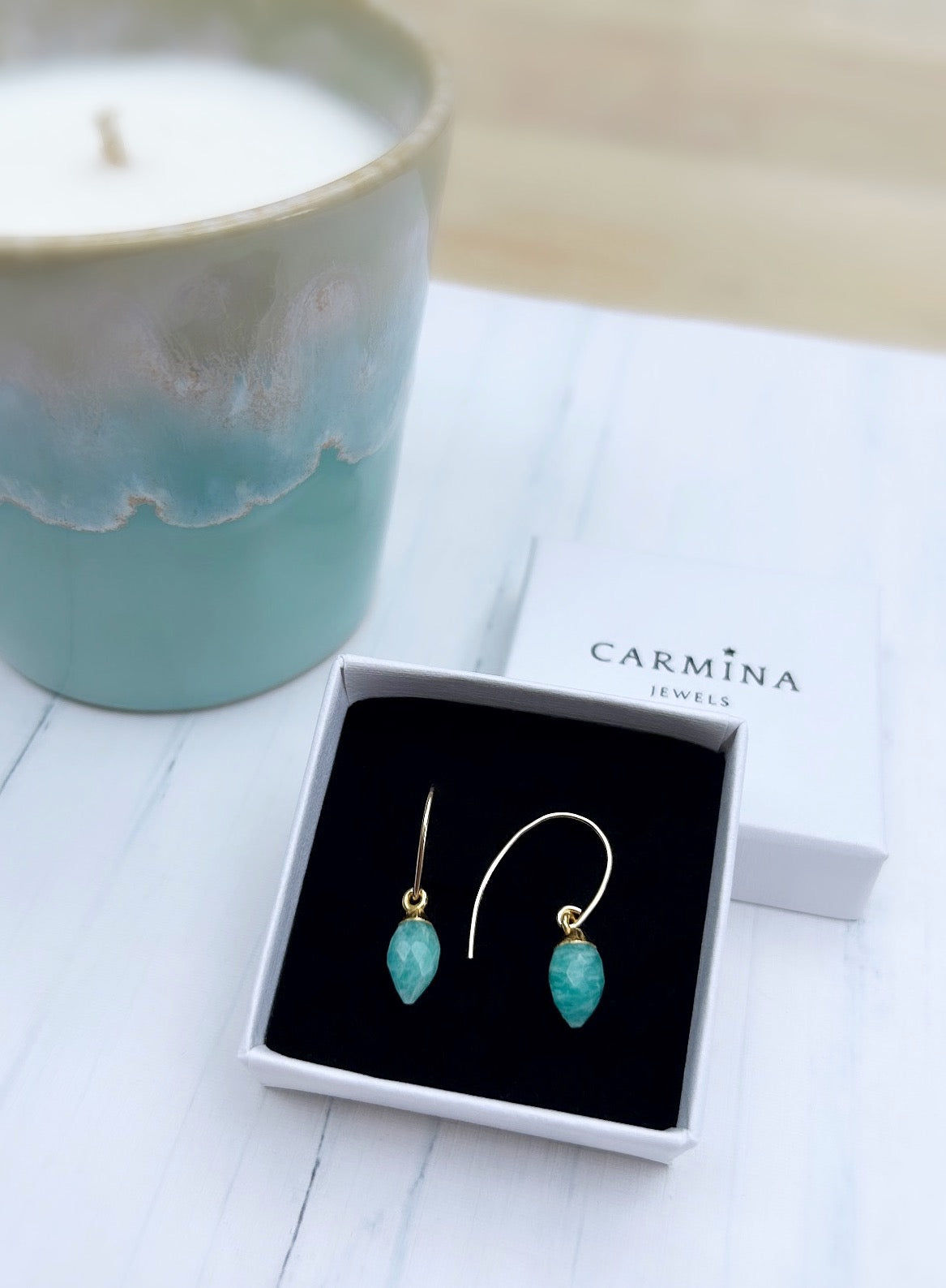 faceted Amazonite marquise charm droplet earrings on a gold filled wire hook