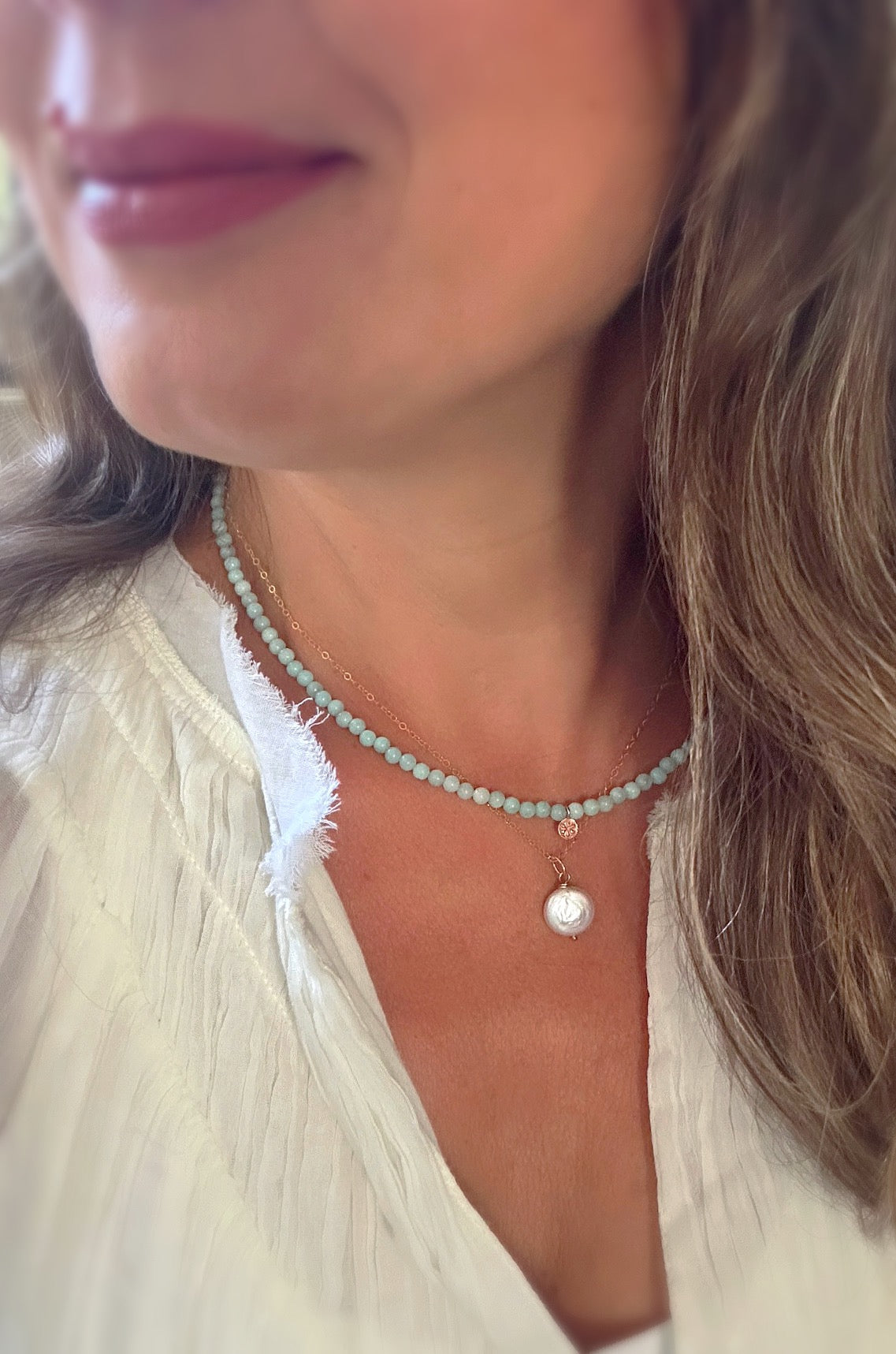 Pretty semi precious bead Amazonite layering necklace with a dainty daisy charm in a choice of either a Sterling Silver or Rose Gold Vermeil finish.