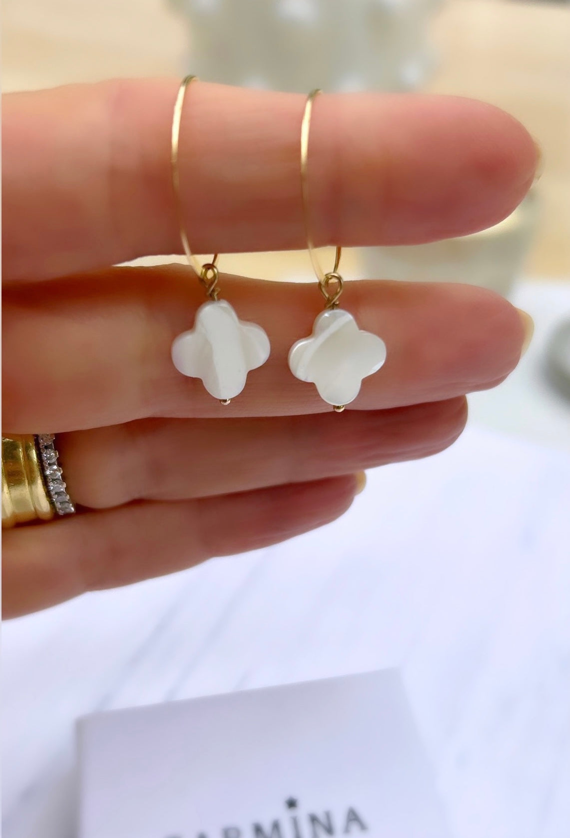 Mother of Pearl clover hoop earrings