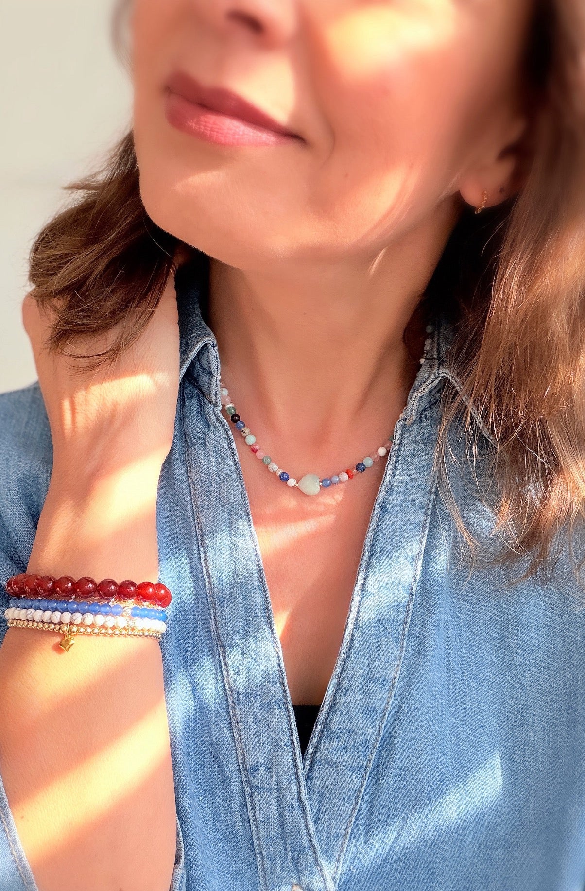 This delicious ‘Dolci’ necklace features Semi precious beads in a glorious mix of colours, with a choice of a central Amazonite heart bead or baroque Freshwater Pearl 