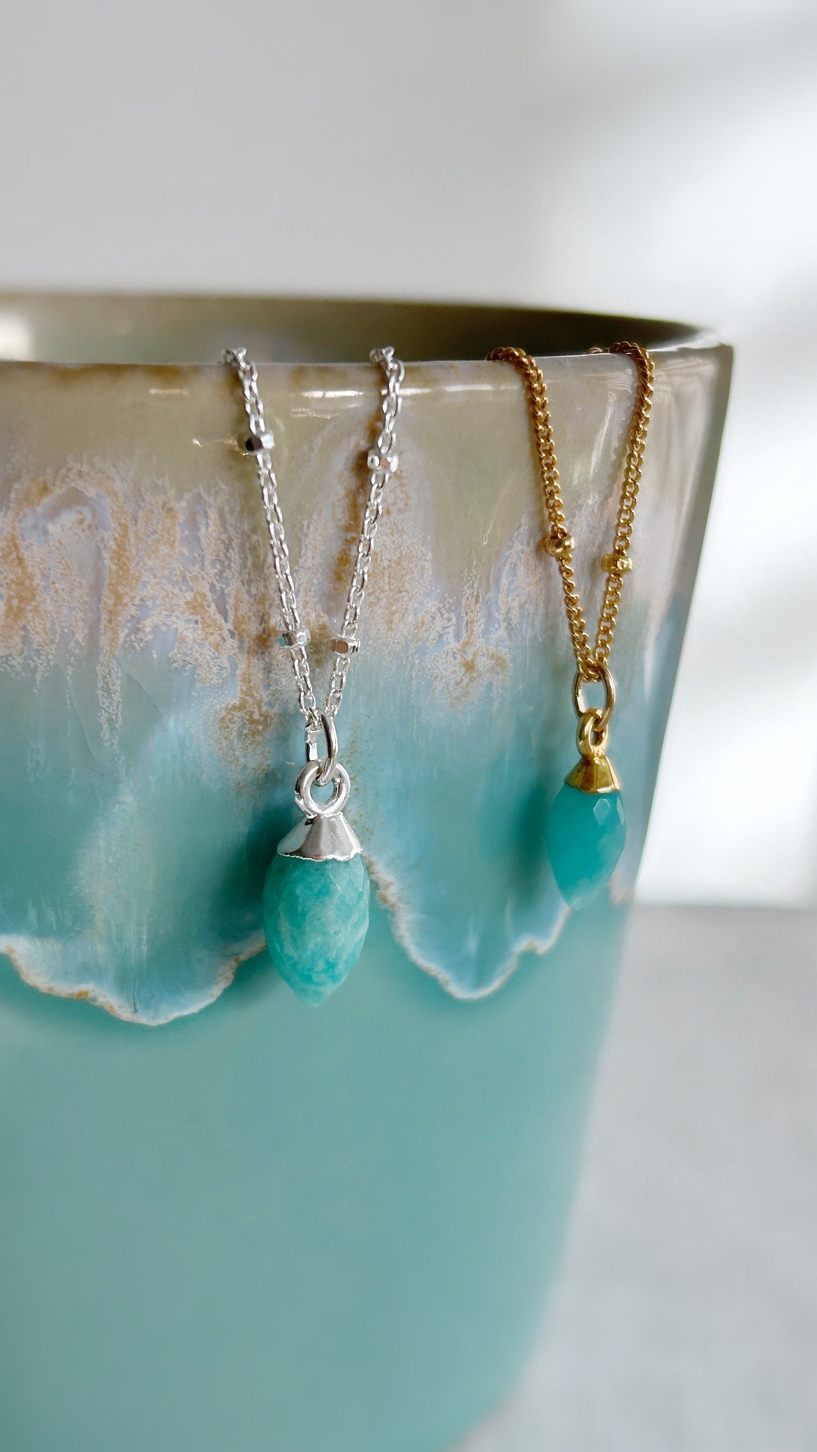 A beautiful sparkly Gold Filled satellite curb chain bracelet with a semi precious Amazonite marquise droplet charm ~ plated with 24K gold over Sterling Silver.