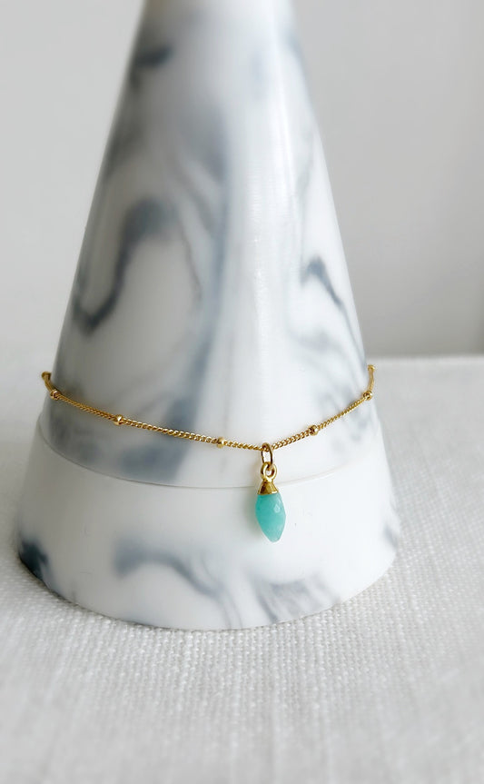 A beautiful sparkly Gold Filled satellite curb chain bracelet with a semi precious Amazonite marquise droplet charm ~ plated with 24K gold over Sterling Silver.