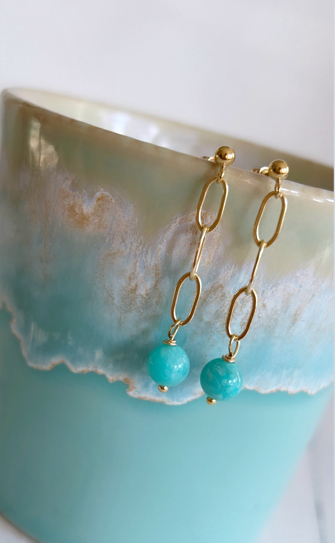 Amazonite bead earrings on a gold paper link chain 