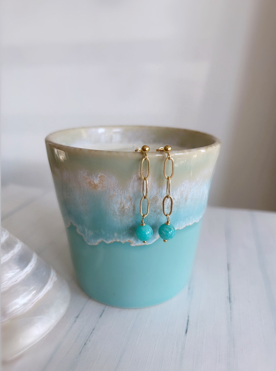 Amazonite_bead_gold_dangle_earrings on a paper link chain 