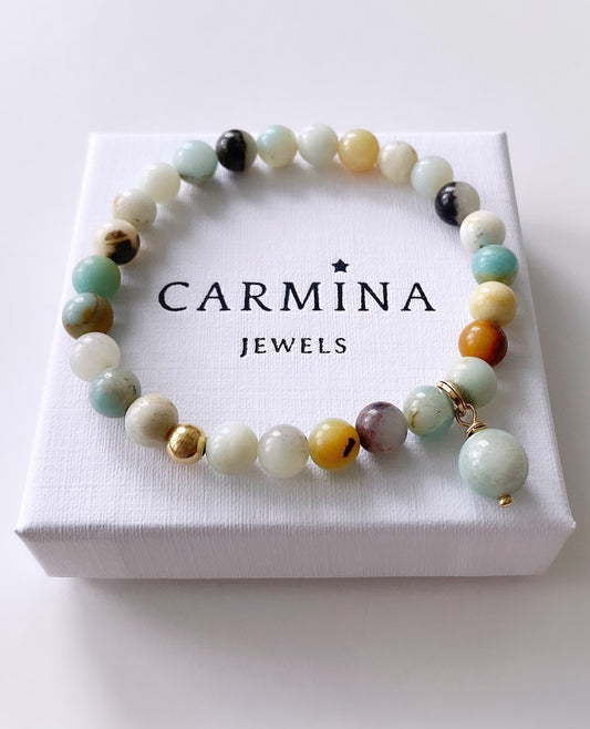 An Amazonite beaded yoga bracelet with gold-filled accents, presented in a Carmina Jewels gift box.