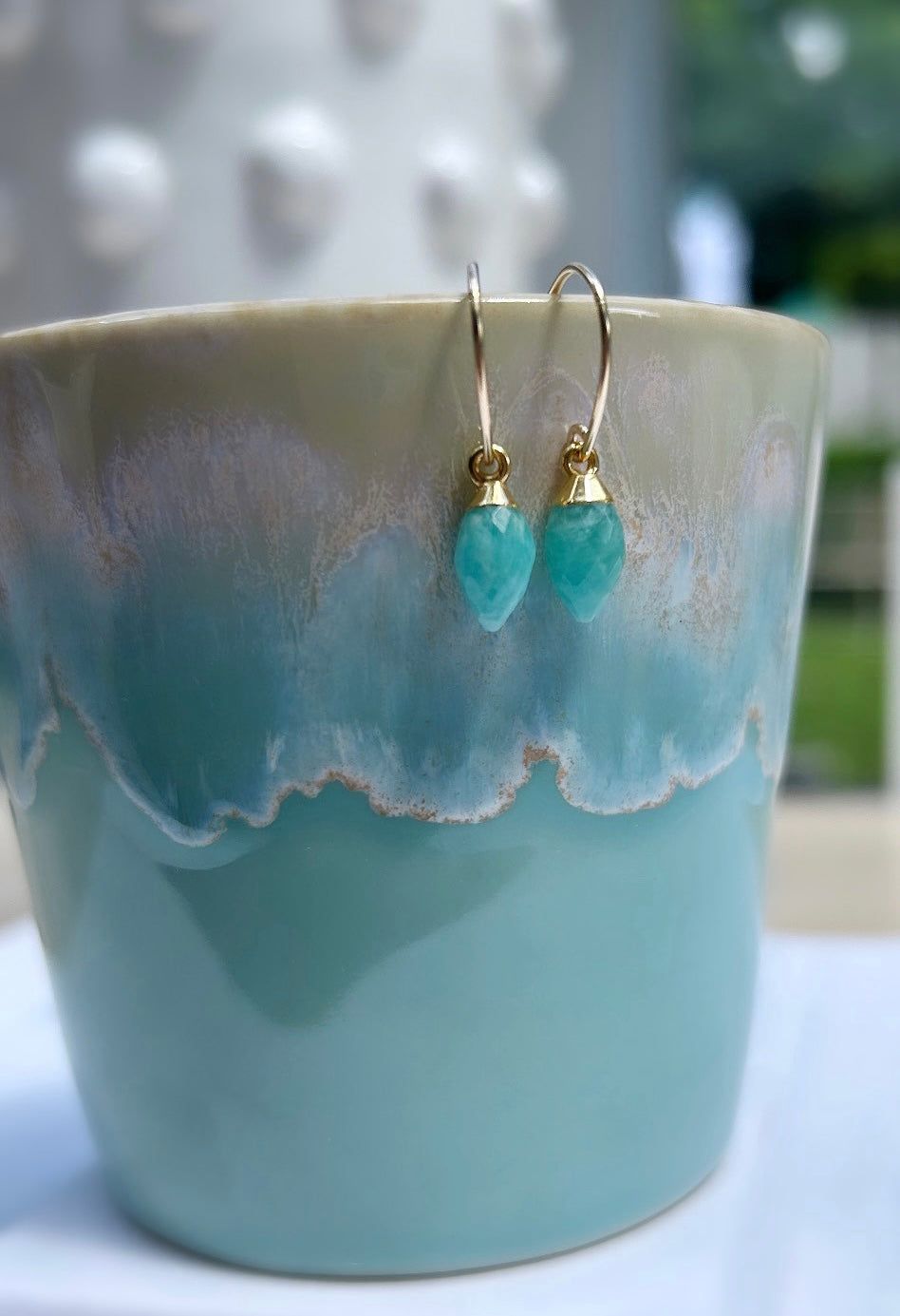 Simply stunning faceted Amazonite marquise charm droplet earrings on a gold filled wire hook.