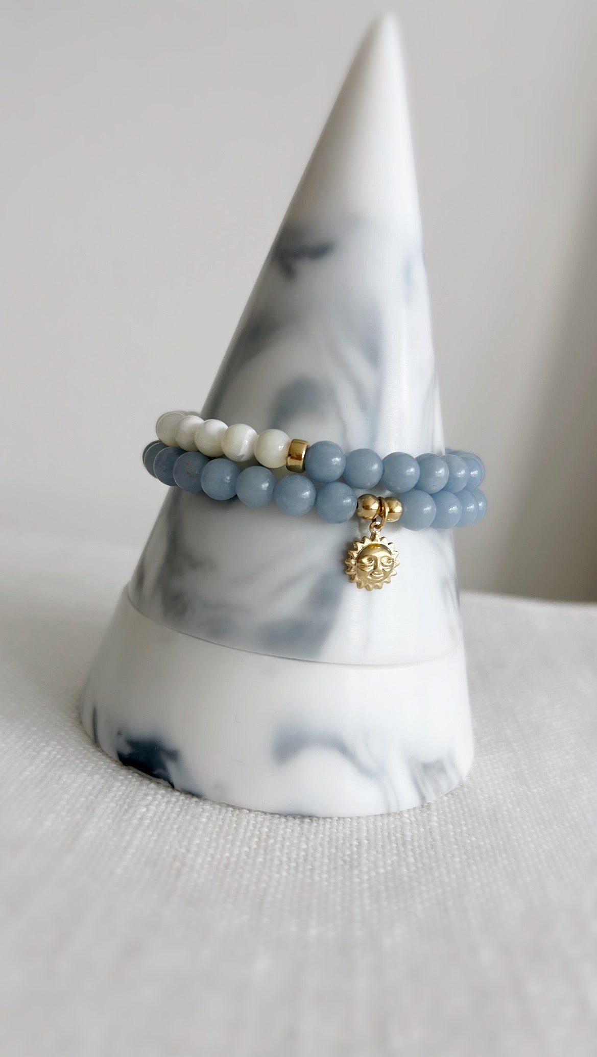 Angelite precious bead stacking bracelets on a stretch cord 