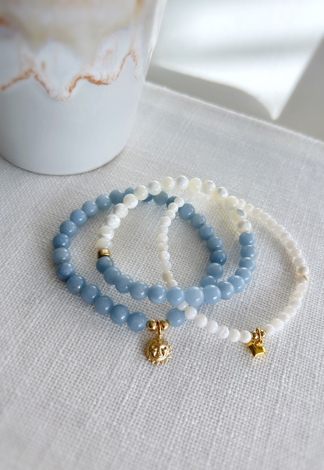 Angelite precious bead stacking bracelets on a stretch cord 