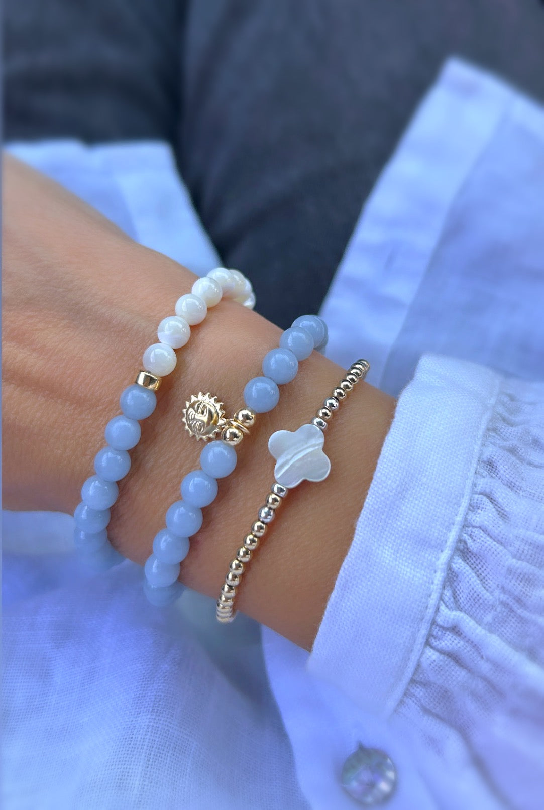 Angelite precious bead stacking bracelets on a stretch cord 