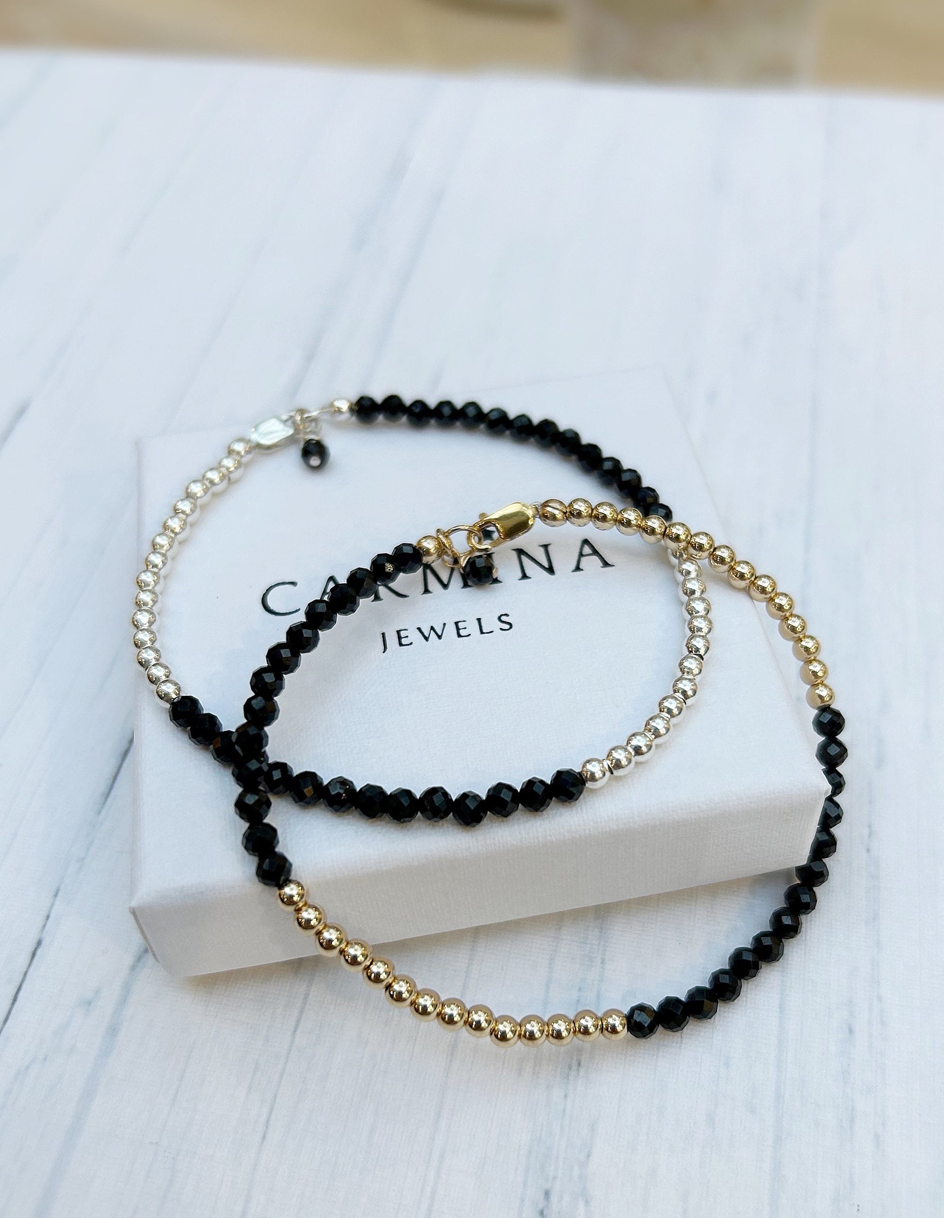 black spinel bracelets with gold filled or Sterling silver beads and silver or gold lobster clasp