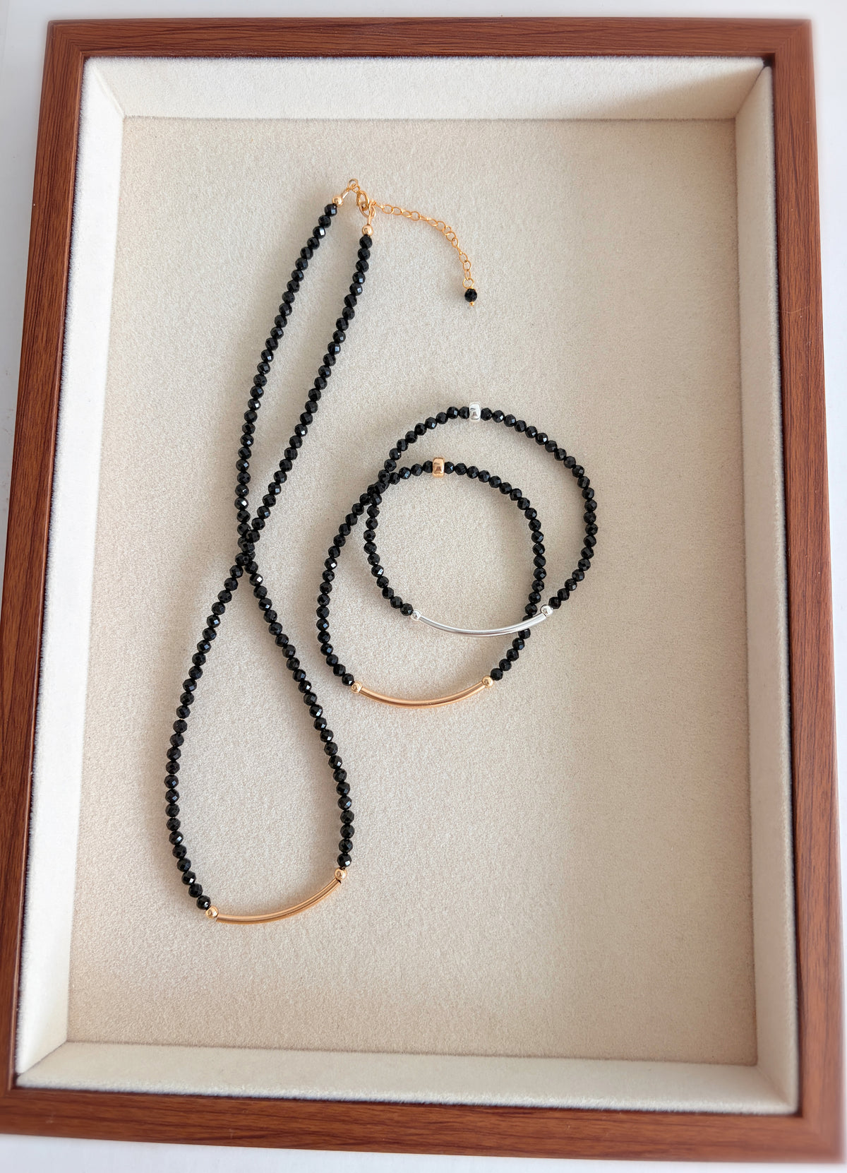 Stunning semi precious Black Spinel faceted bead necklace. This delicate necklace comes in a choice of two finishes using either Sterling Silver or Gold Filled accents.