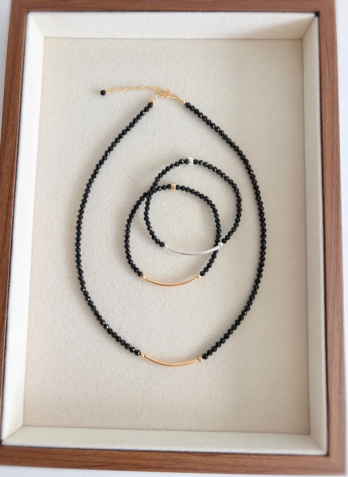Stunning semi precious Black Spinel faceted bead necklace. This delicate necklace comes in a choice of two finishes using either Sterling Silver or Gold Filled accents.