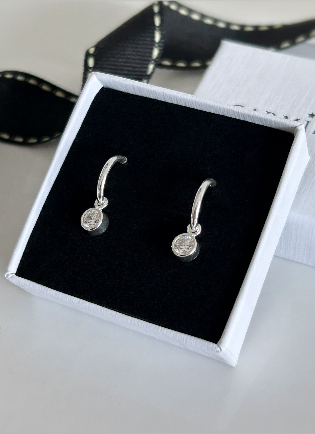 Crystal drop silver hoop earrings