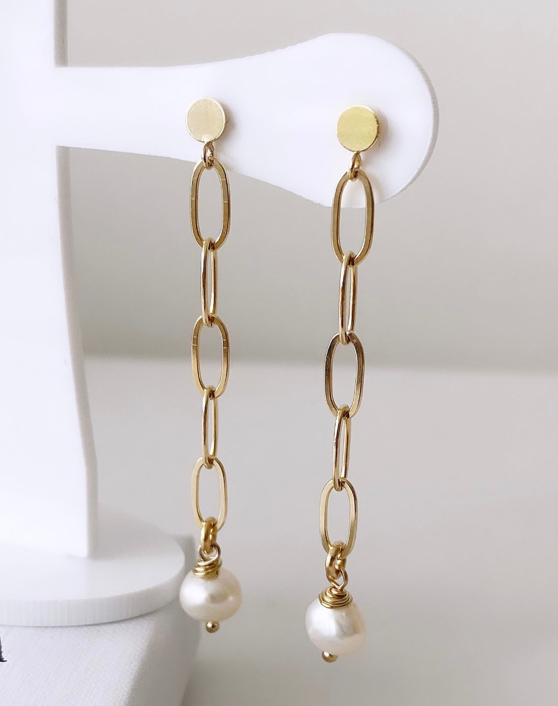 Gorgeous large link paperclip/cable chain dangle earrings with baroque Freshwater Pearls. The earrings are on a round flattened stud post with butterfly clasp fastenings ~ Available in a Sterling Silver or Gold filled finish and in a 3 link or 5 link drop/length. 