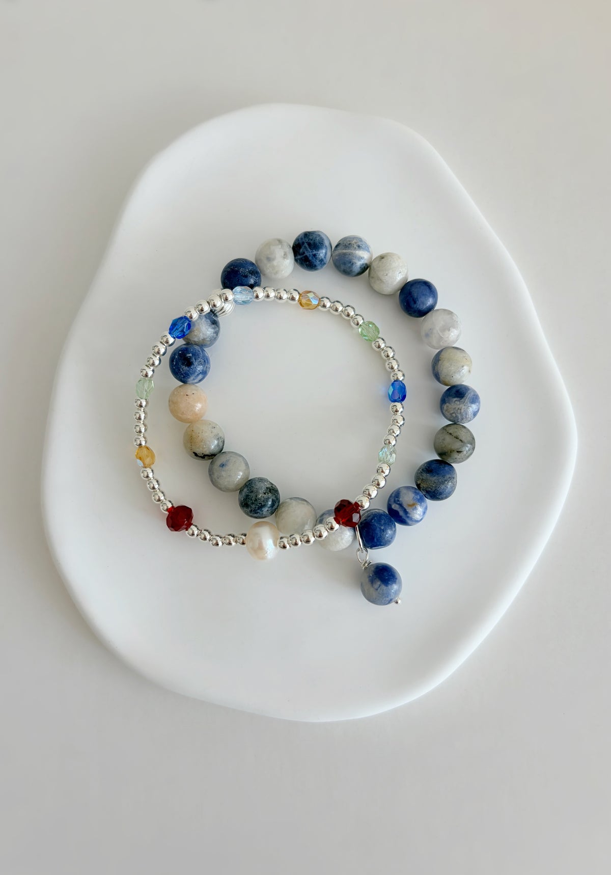 Beautiful Czech glass beaded bracelet with a central Baroque Freshwater Pearl and Swarovski glass Crystal beads in gorgeous complimentary colours - perfect for Summer stacking!