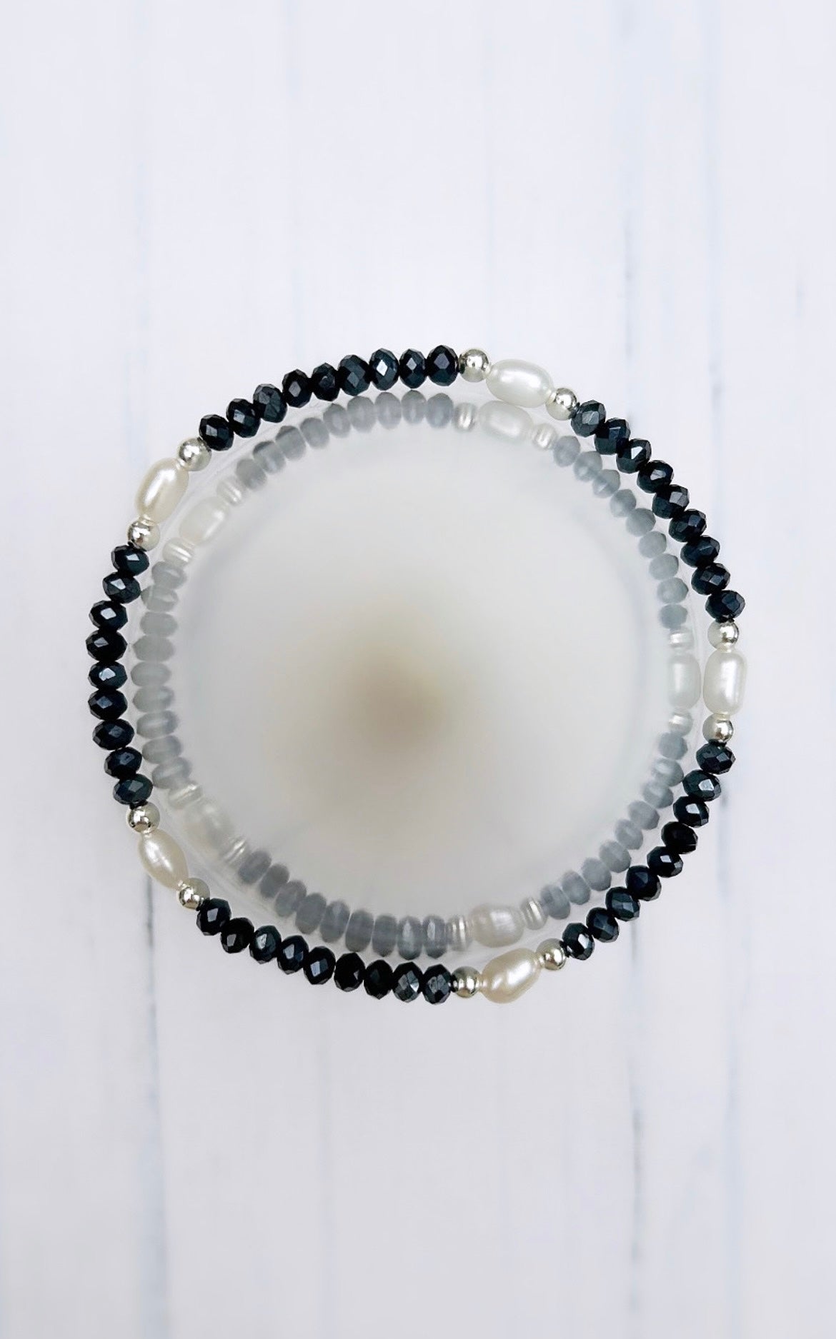 A glass crystal bead and freshwater rice pearl bracelet with silver or gold filled spacer beads