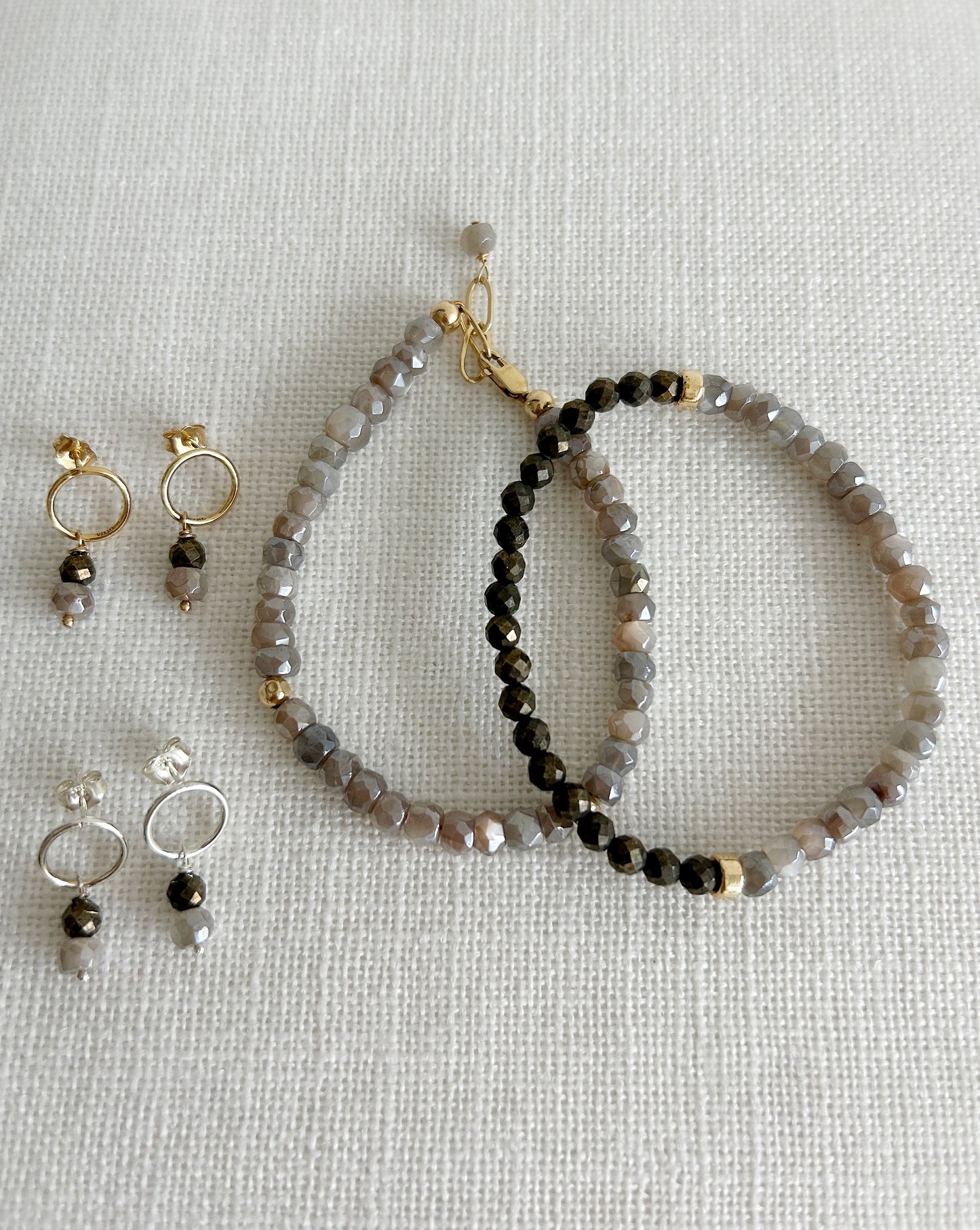 Grey Moonstone hand-cut faceted rondelle Beaded bracelet with Sterling Silver or Gold filled spacer beads and finished with a paper link chain & clasp, and dangle bead.
