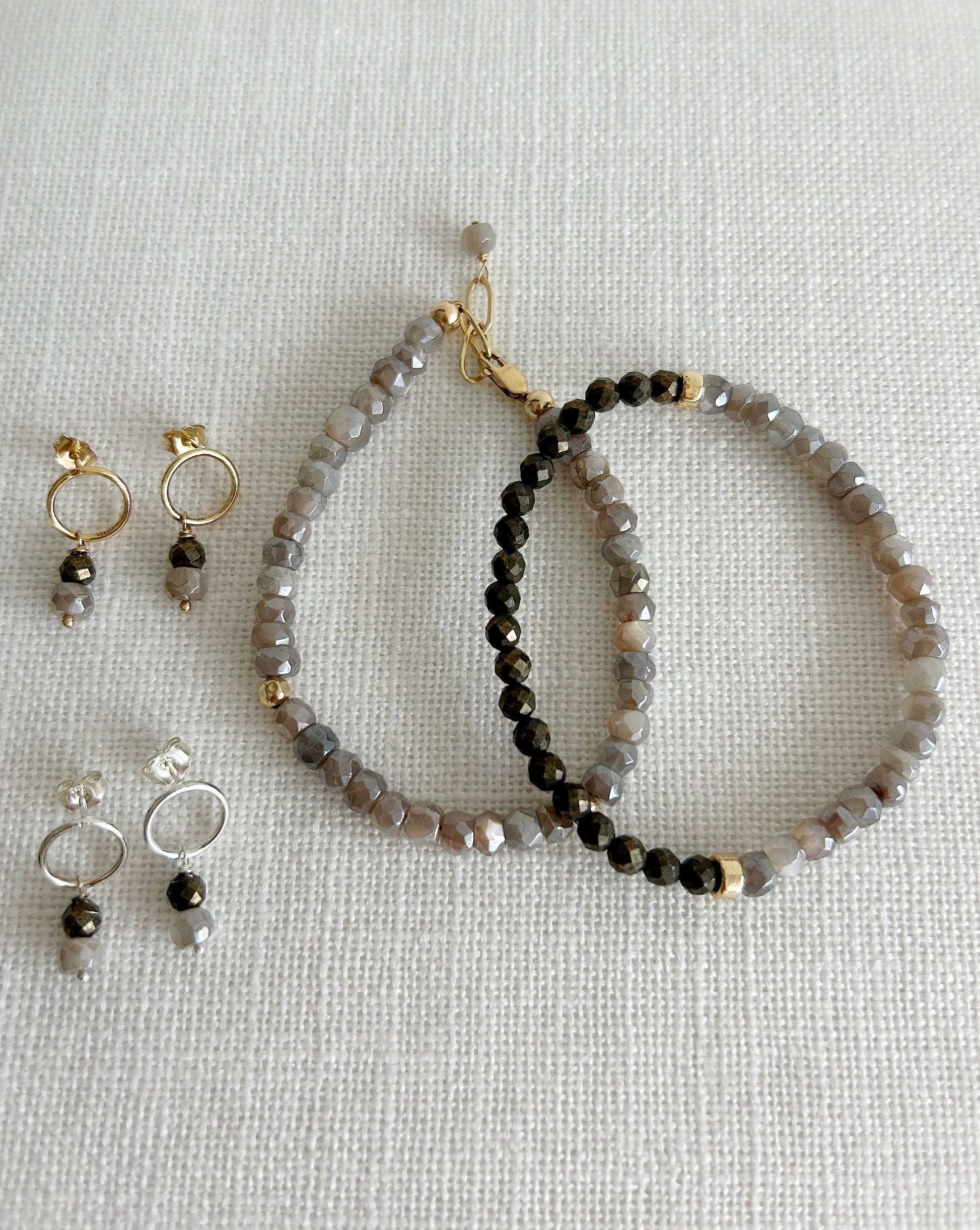 Grey Moonstone hand-cut faceted rondelle Beaded bracelet with Sterling Silver or Gold filled spacer beads and finished with a paper link chain & clasp, and dangle bead.