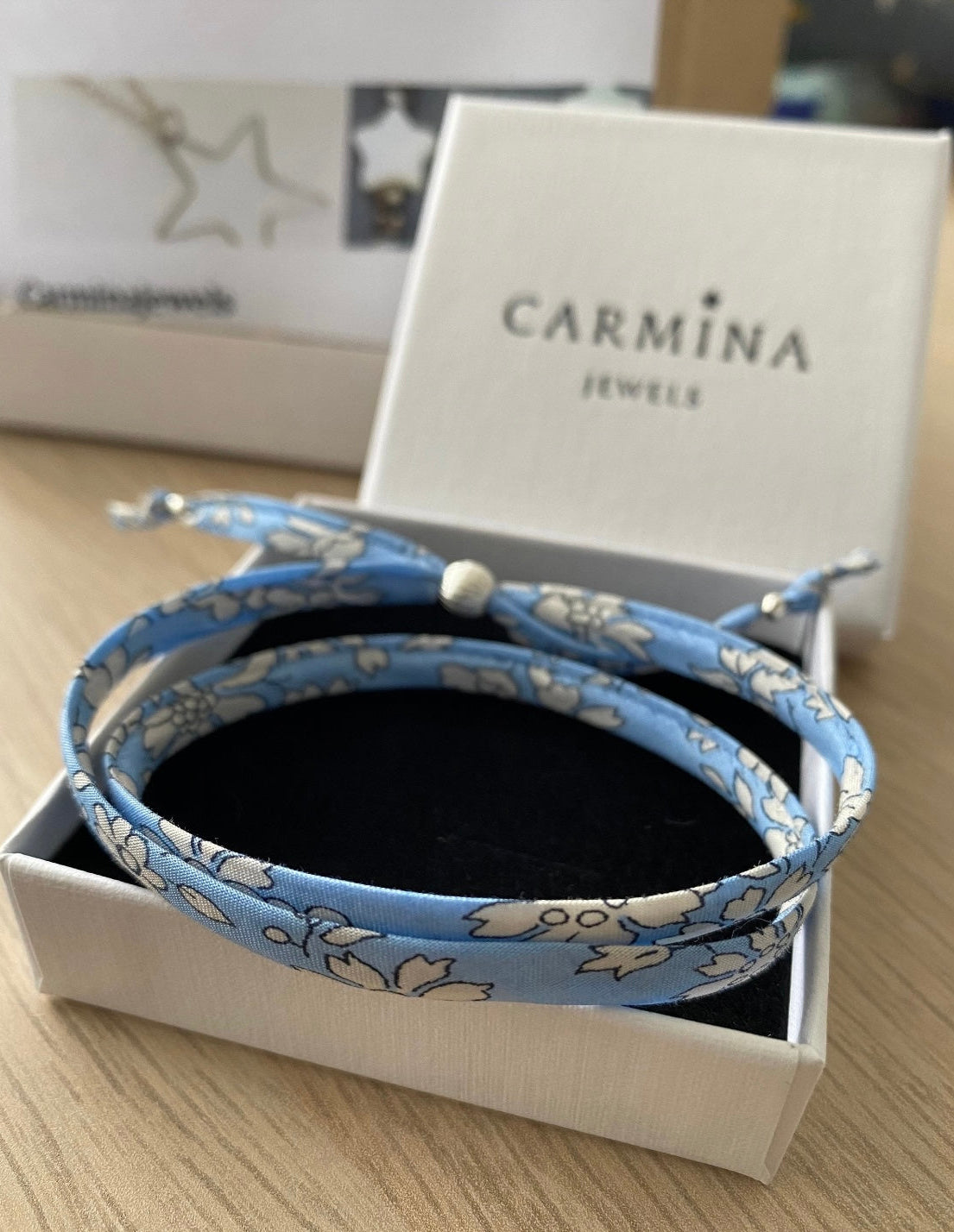 Liberty of London fabric wrap bracelets, with a Sterling Silver textured slide bead
