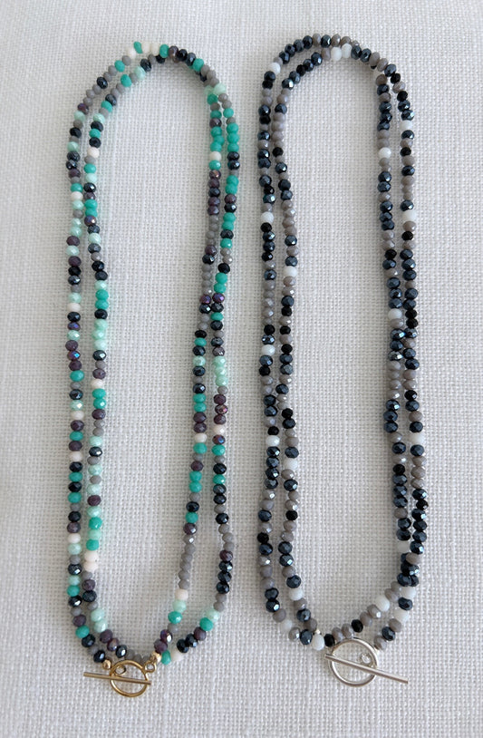 Glass beaded lariat necklace with a toggle clasp