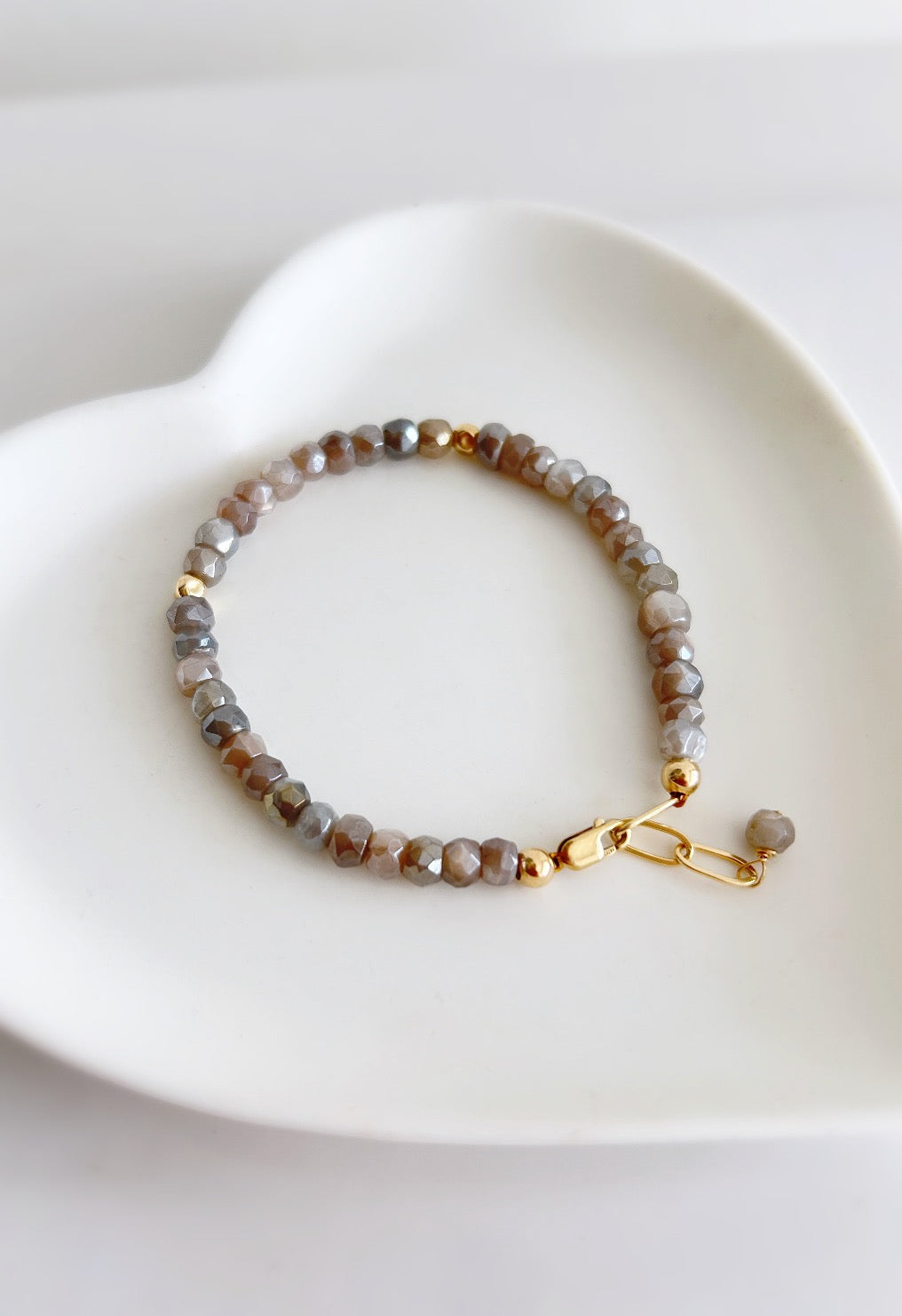 Grey Moonstone hand-cut faceted rondelle Beaded bracelet with Sterling Silver or Gold filled spacer beads and finished with a paper link chain & clasp, and dangle bead.