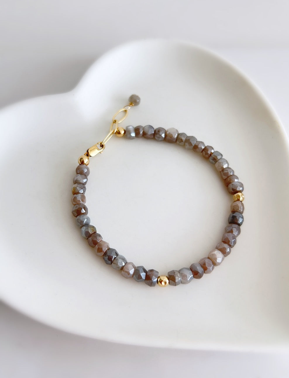 Grey Moonstone hand-cut faceted rondelle Beaded bracelet with Sterling Silver or Gold filled spacer beads and finished with a paper link chain & clasp, and dangle bead.