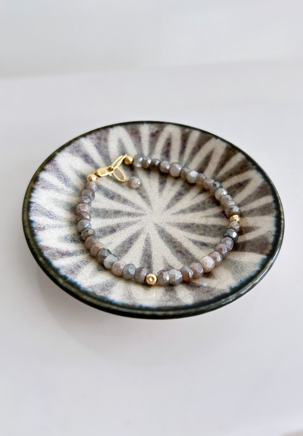 Grey Moonstone hand-cut faceted rondelle Beaded bracelet with Sterling Silver or Gold filled spacer beads and finished with a paper link chain & clasp, and dangle bead.