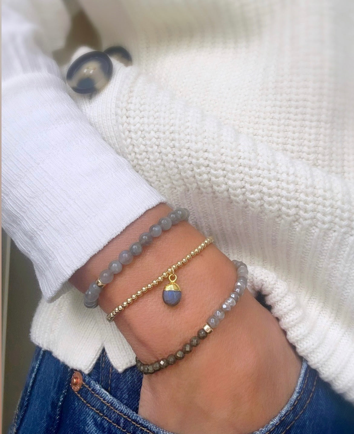 Pyrite & grey Moonstone duo bracelet