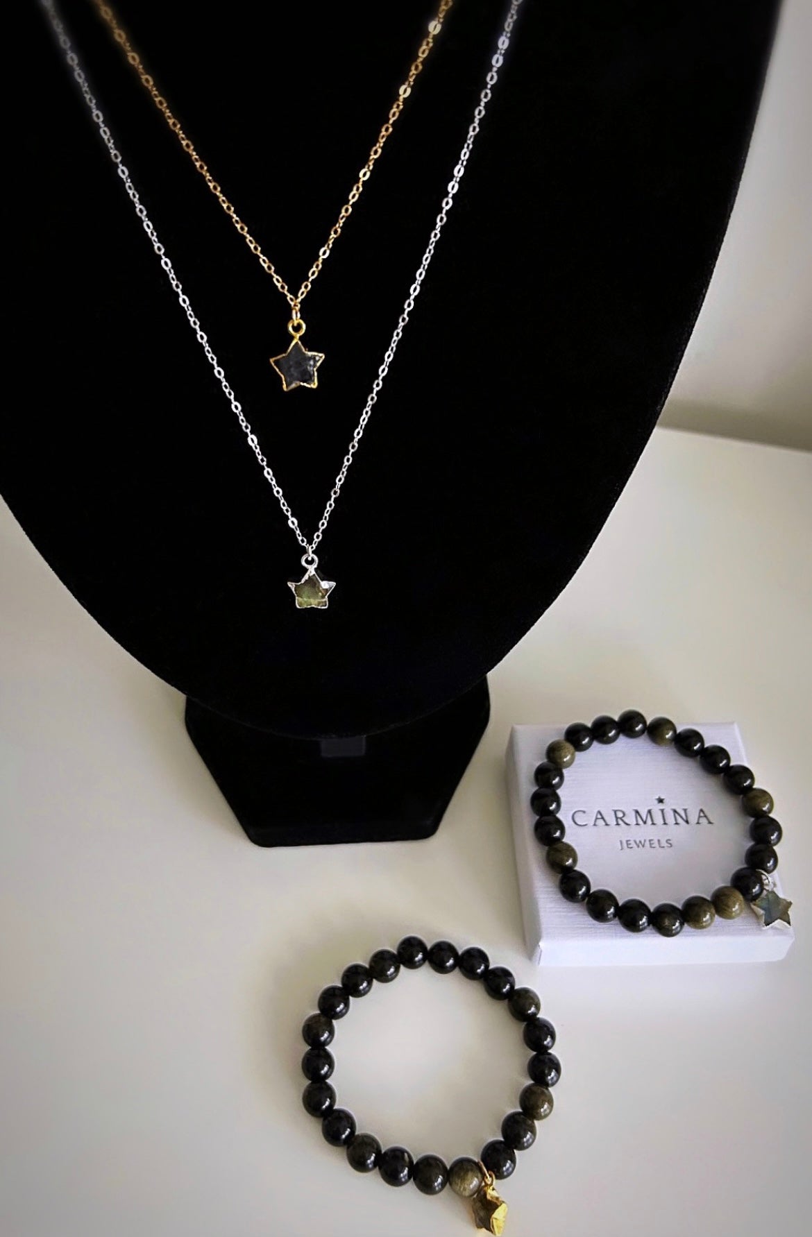 A stunning sparkly Labradorite Star pendant, on a  24” delicate cable chain, in a choice of a Sterling Silver or a Gold Filled finish. 

The star pendants are all from cut stones, therefore, each one is unique and will slightly vary in shape, colour and size in both the stone and the setting.