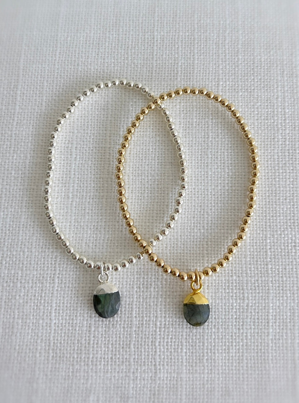 Labradorite pendant charm on silver or gold beaded bracelets