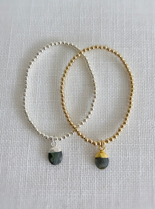 Labradorite pendant charm on silver or gold beaded bracelets