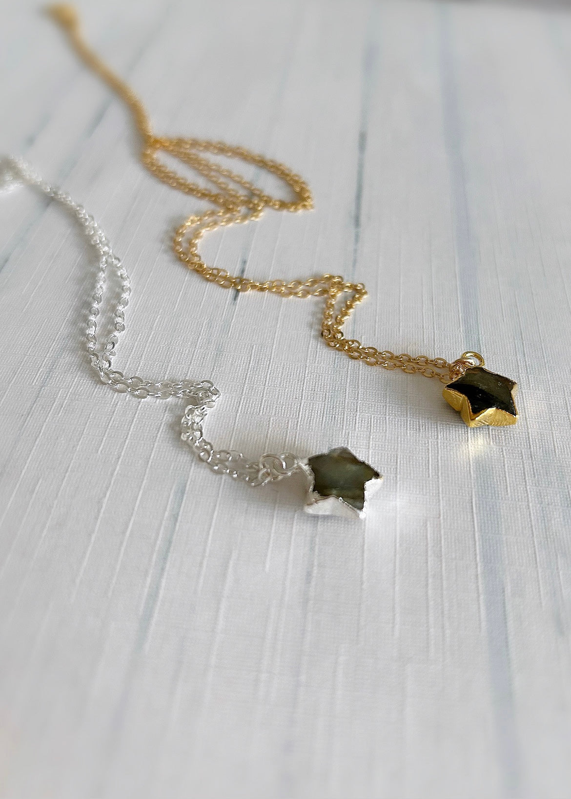 A sparkly Labradorite Star pendant, on a  24” delicate cable chain, in a choice of a Sterling Silver or a Gold Filled finish. 