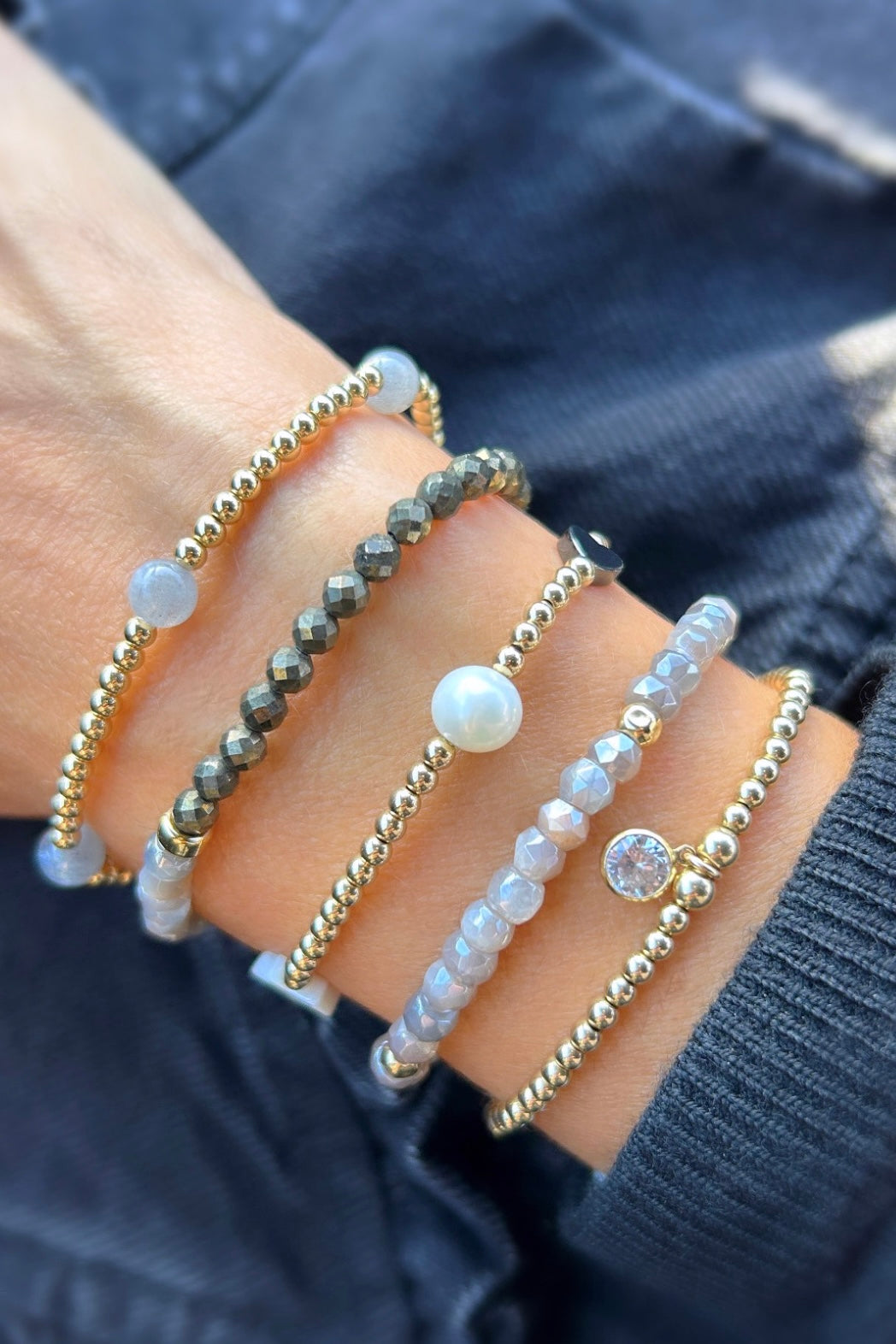 Grey Moonstone hand-cut faceted rondelle Beaded bracelet with Sterling Silver or Gold filled spacer beads and finished with a paper link chain & clasp, and dangle bead.