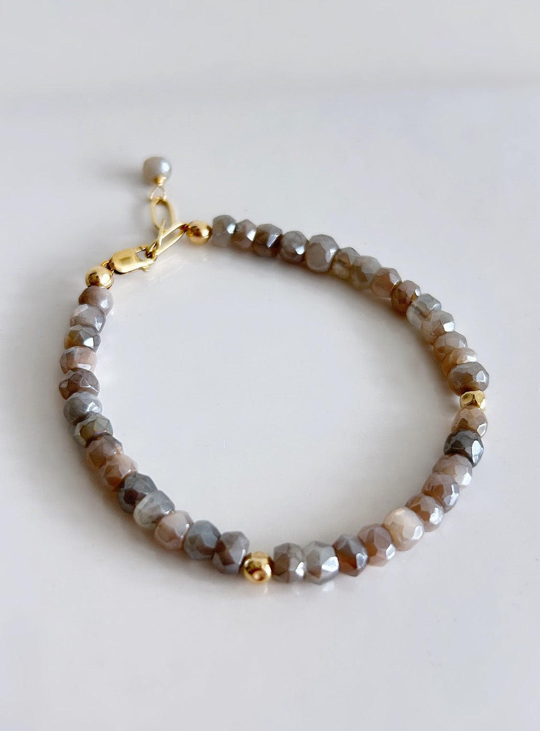Grey Moonstone hand-cut faceted rondelle Beaded bracelet with Sterling Silver or Gold filled spacer beads and finished with a paper link chain & clasp, and dangle bead.