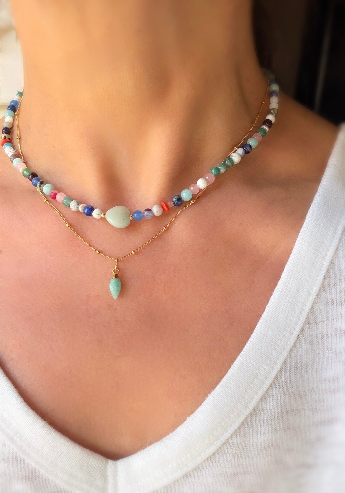 This delicious ‘Sweetie’ necklace features Semi precious beads in a glorious mix of colours, with a choice of a central Amazonite heart bead or baroque Freshwater Pearl.