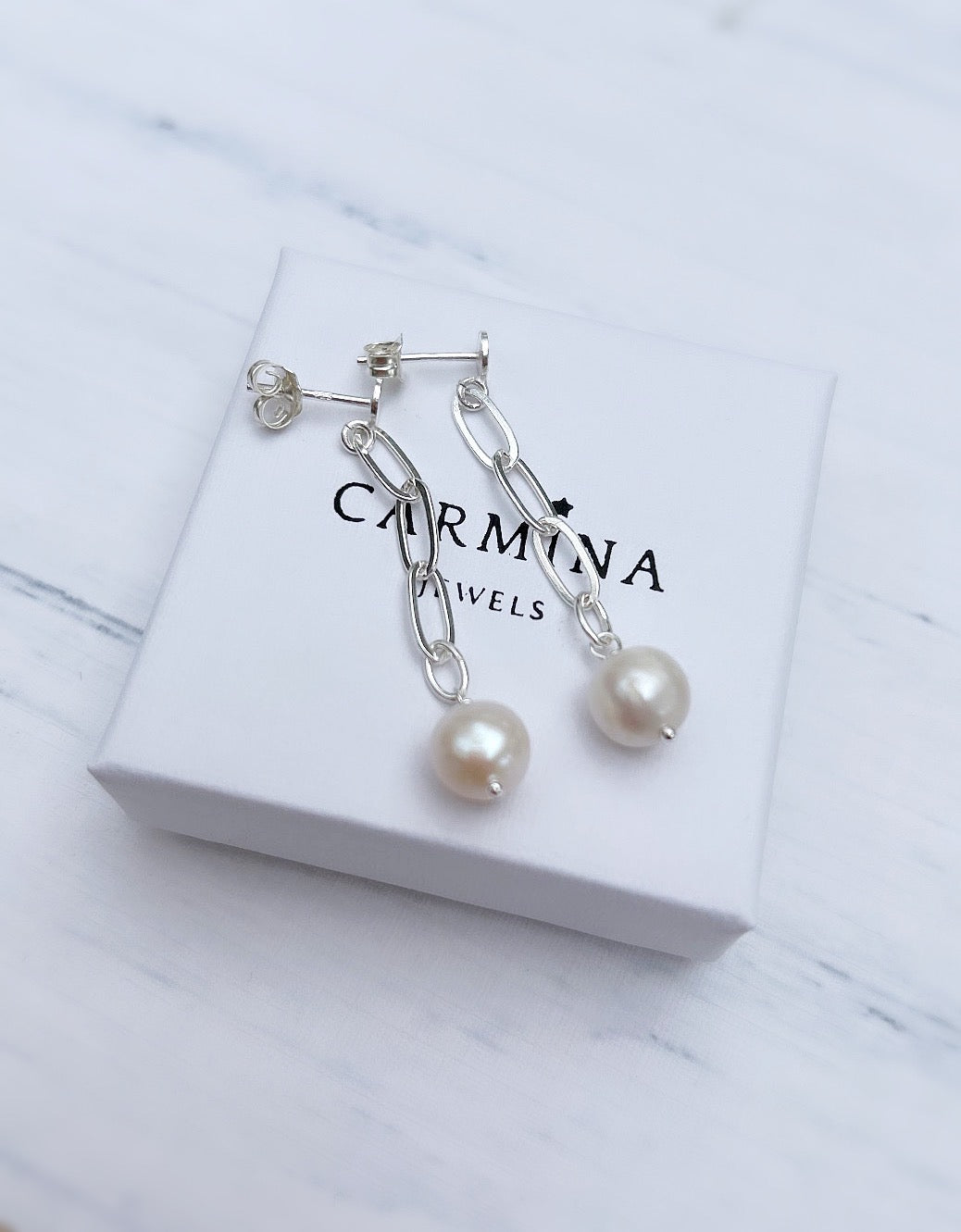 Gorgeous large link paperclip/cable chain dangle earrings with baroque Freshwater Pearls. The earrings are on a round flattened stud post with butterfly clasp fastenings ~ Available in a Sterling Silver or Gold filled finish and in a 3 link or 5 link drop/length. 