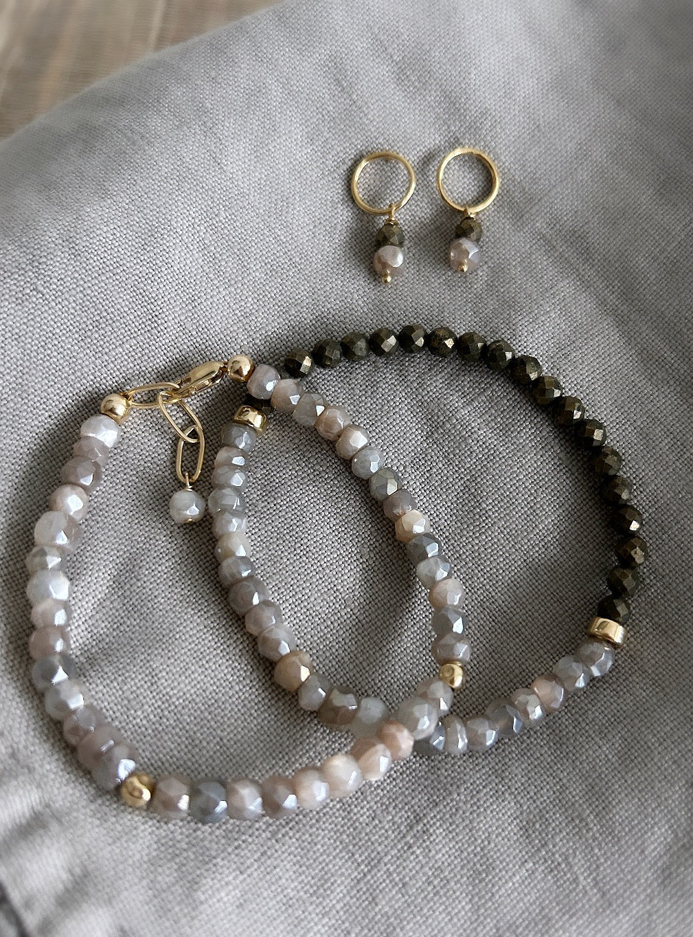Pyrite & grey Moonstone duo bracelet
