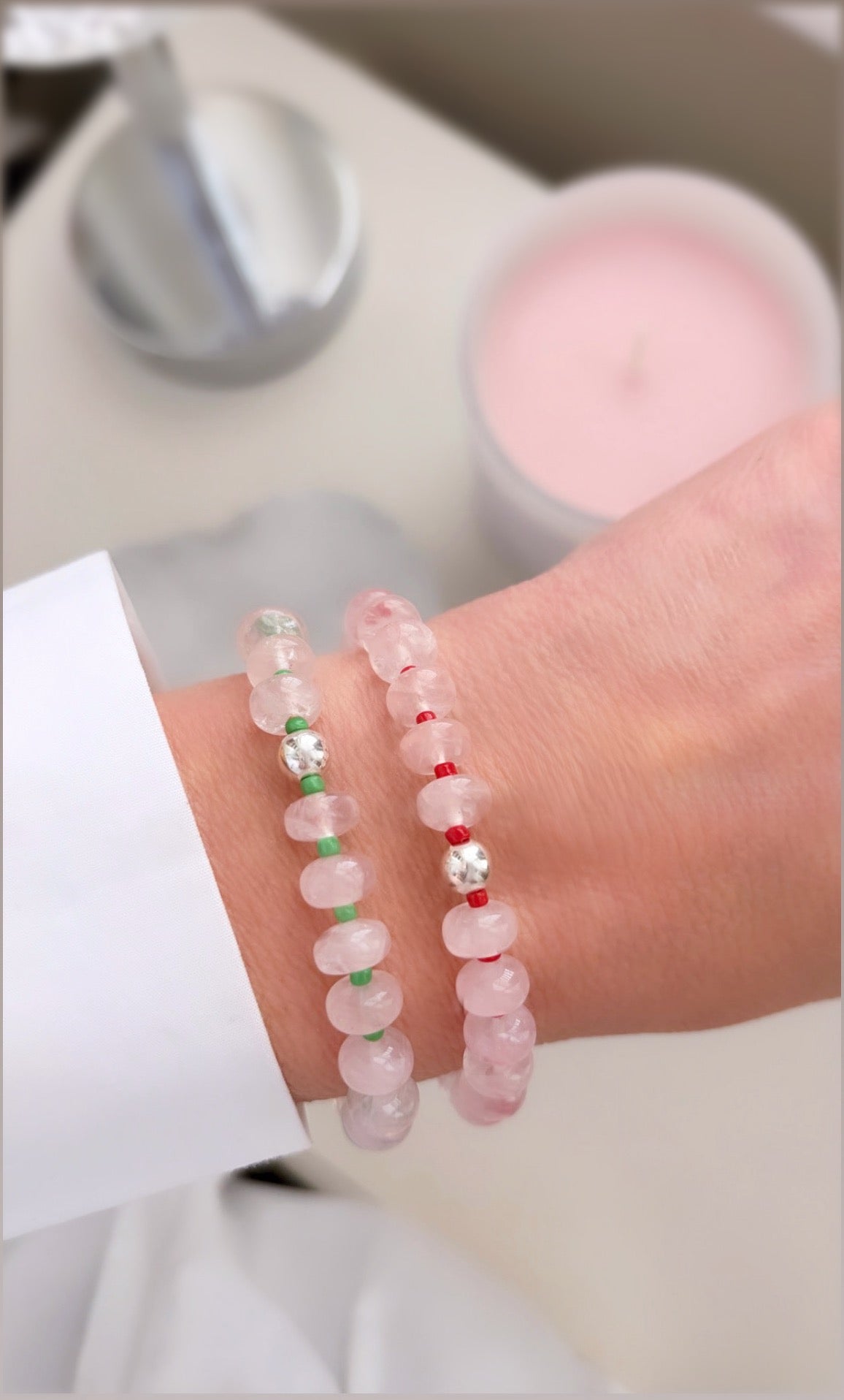 Semi precious beaded Rose Quartz bracelet with pretty contrasting glass seed beads in either green or red. 

The bracelet is hand threaded on a strong stretch cord. These Bon-Bon bracelets will look great worn stacked with your pretty Summer accessories! 