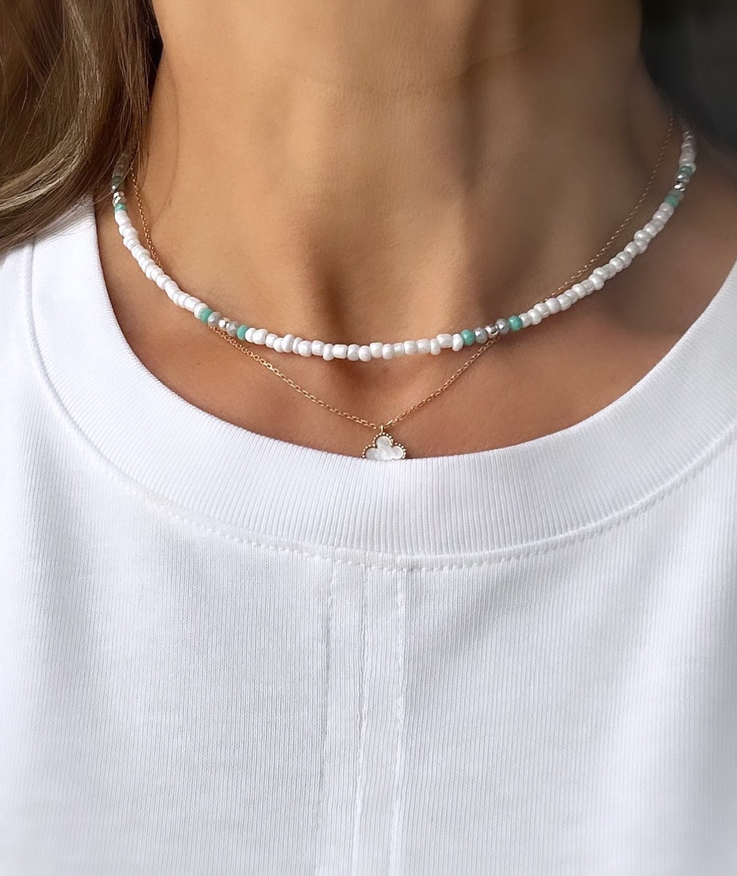 Pretty lustred glass seed bead Necklace, with aqua & pale grey crystal glass beads and gold/silver spacer beads. The necklace will be finished with a Gold Filled or Sterling Silver fastening lobster clasp. A perfect necklace for layering with other chains or pendants.
