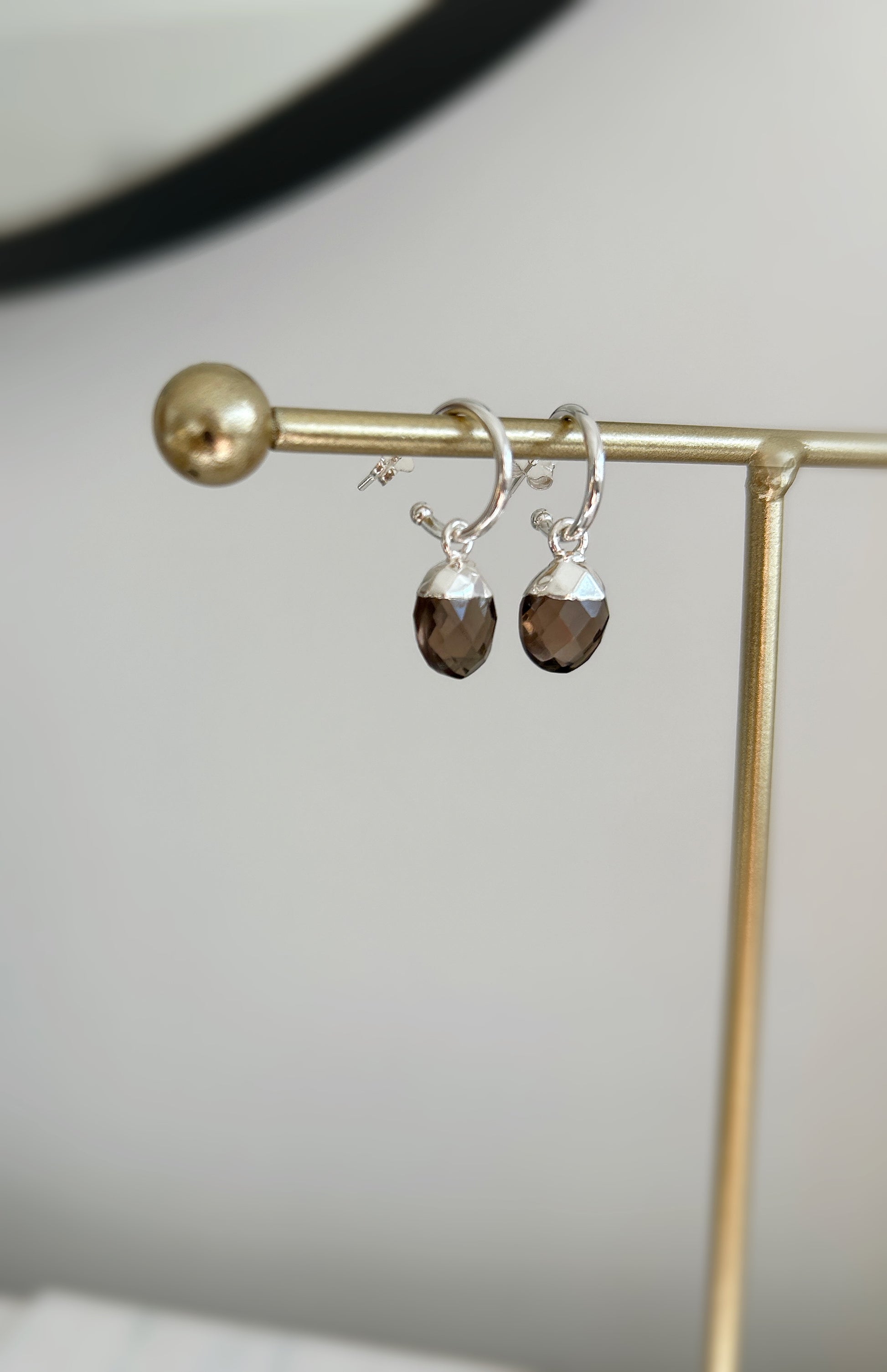 Rich chocolate/coffee coloured real gemstone Smoky Quartz earrings on a Sterling Silver hoop.