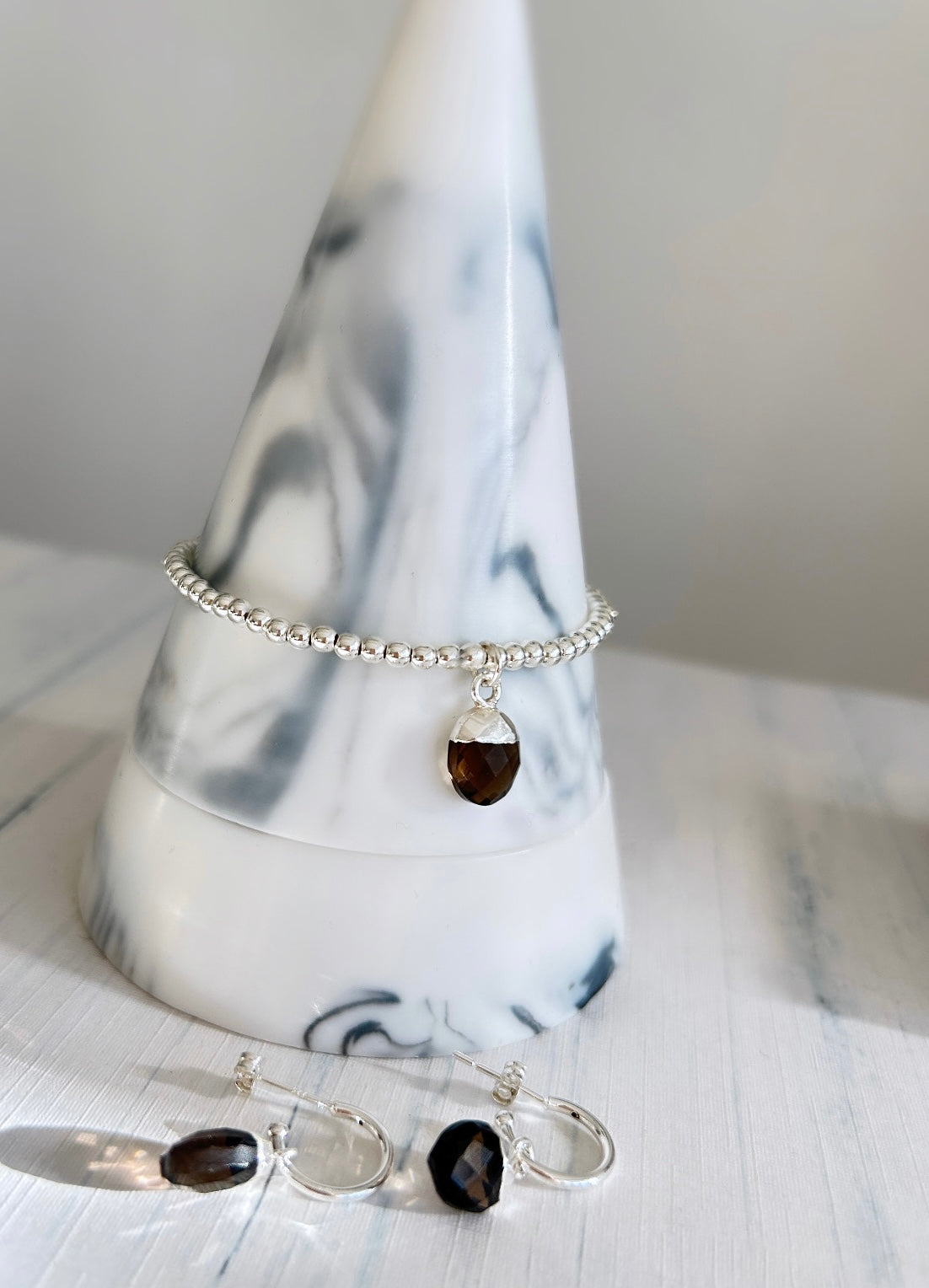 Rich chocolate/coffee coloured real gemstone Smoky Quartz earrings on a Sterling Silver hoop.