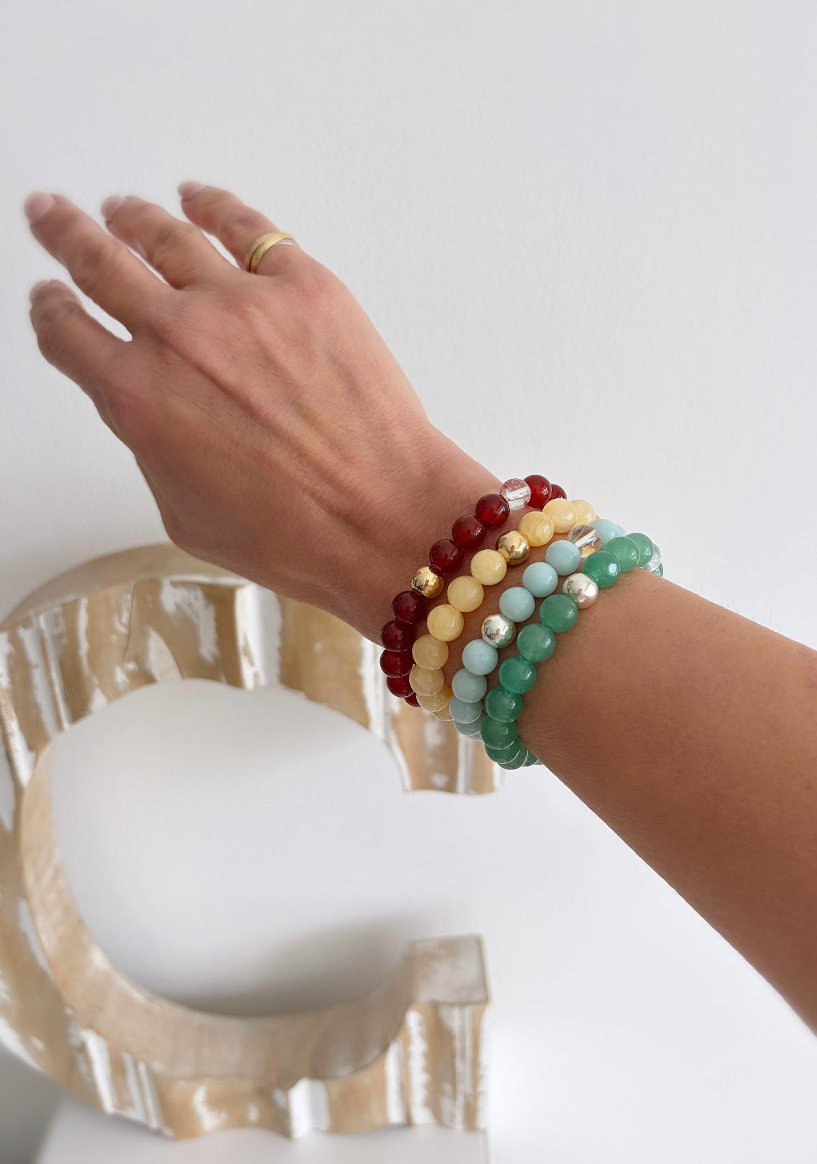 A beautiful Summer vibe Semi precious beaded Amazonite stacking bracelet with a Silver or Gold accent bead and clear quartz bead, hand threaded on a stretch cord. 

Amazonite is associated with the Zodiac astrological sign of the Virgo.