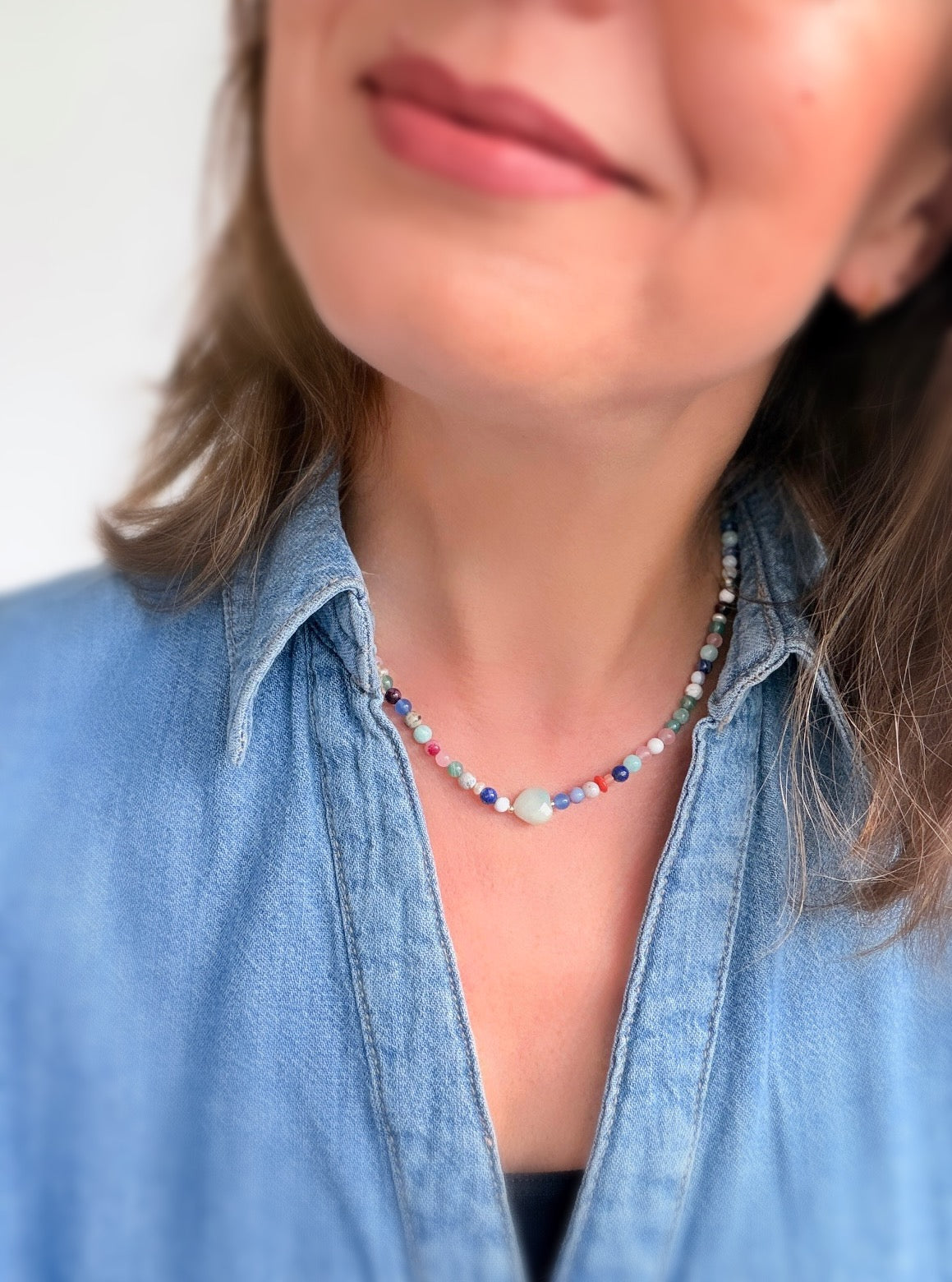 This delicious ‘Dolci’ necklace features Semi precious beads in a glorious mix of colours, with a choice of a central Amazonite heart bead or baroque Freshwater Pearl 