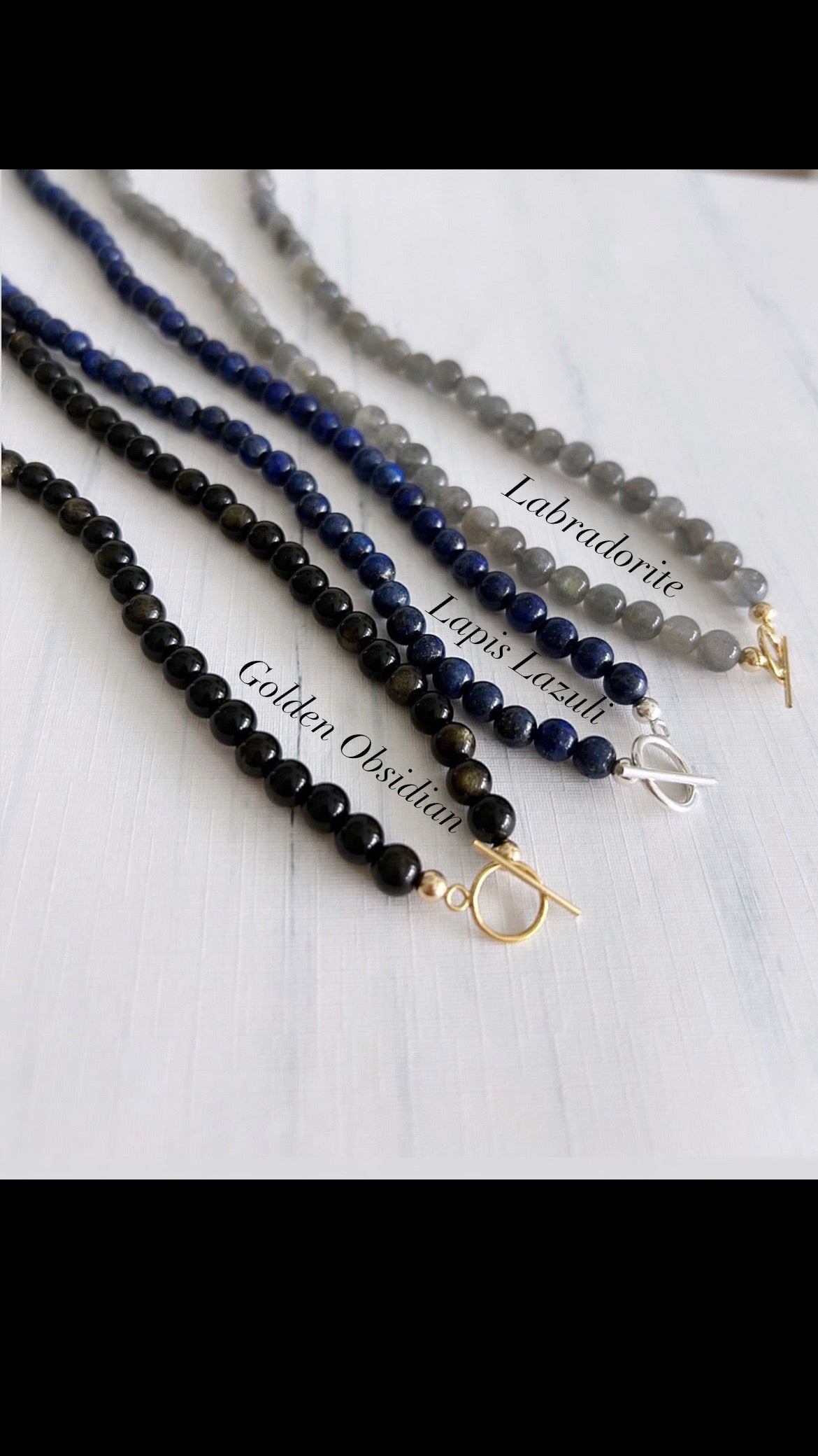 A gorgeous ‘2 in 1’ Semi Precious beaded wrap bracelet &/or necklace in a choice of either beautiful Smoky Quartz, Lapis Lazuli, Labradorite or Golden Obsidian. Finished with a delicate toggle clasp in Gold filled or Sterling Silver. 
