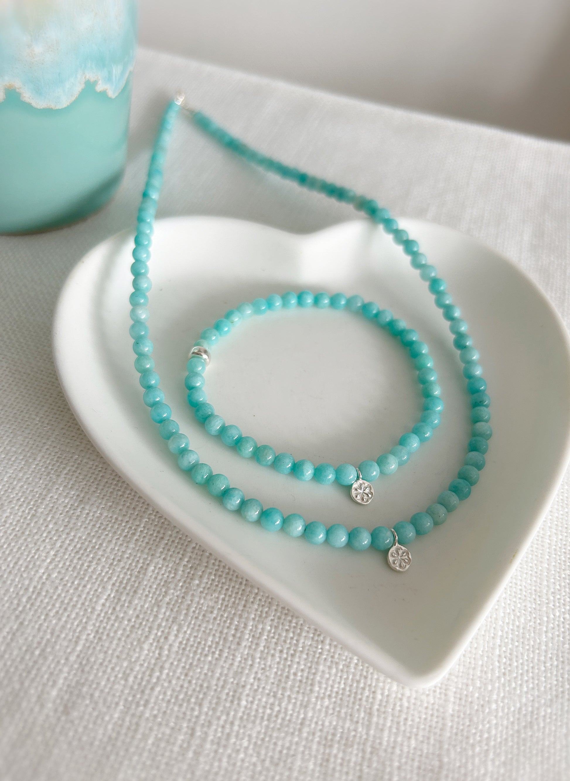 Turquoise amazonite 4mm beaded necklace with a silver charm