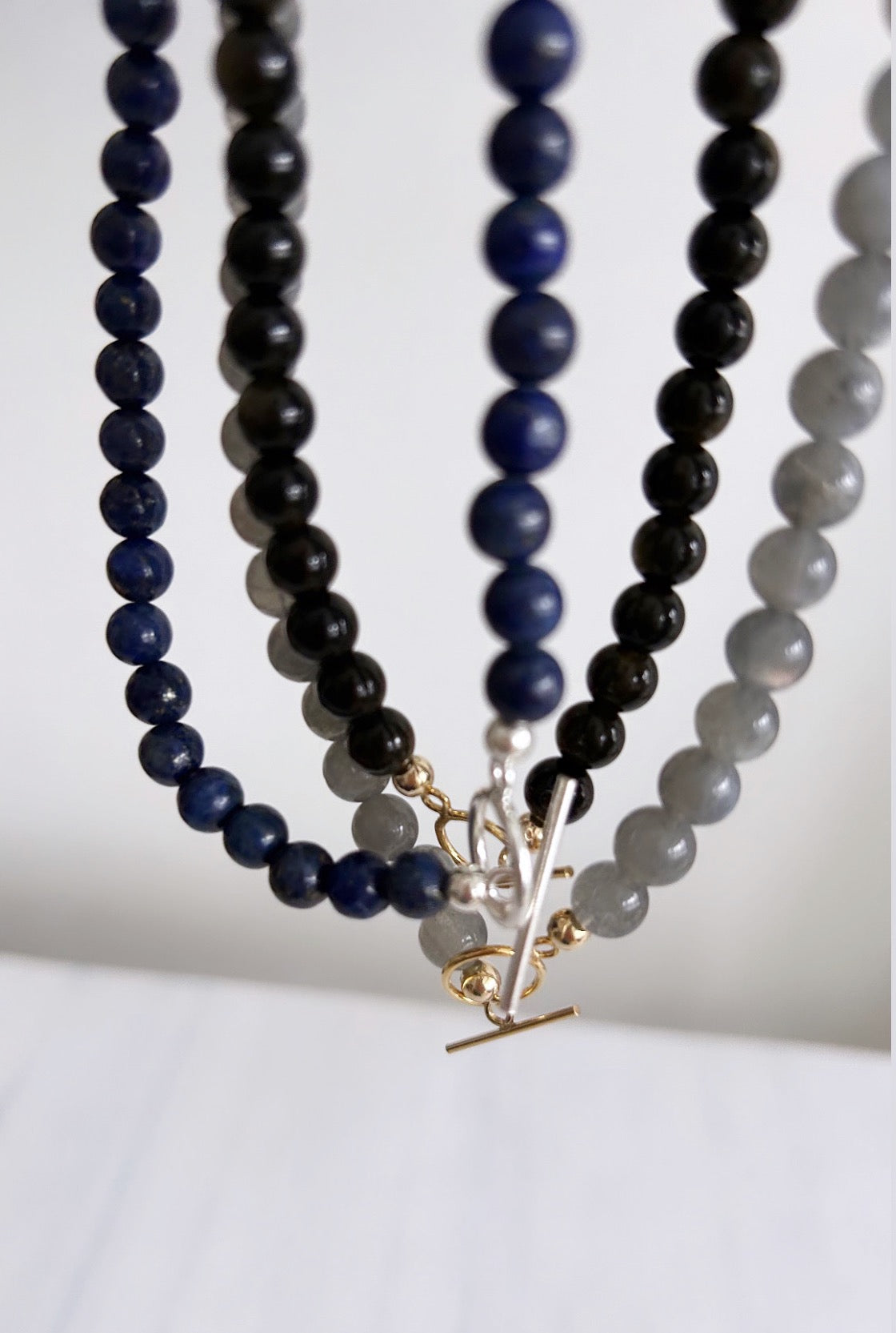 A gorgeous ‘2 in 1’ Semi Precious beaded wrap bracelet &/or necklace in a choice of either beautiful Smoky Quartz, Lapis Lazuli, Labradorite or Golden Obsidian. Finished with a delicate toggle clasp in Gold filled or Sterling Silver. 
