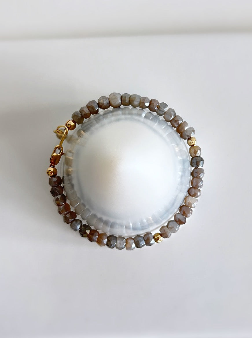 Grey Moonstone hand-cut faceted rondelle Beaded bracelet with Sterling Silver or Gold filled spacer beads and finished with a paper link chain & clasp, and dangle bead.
